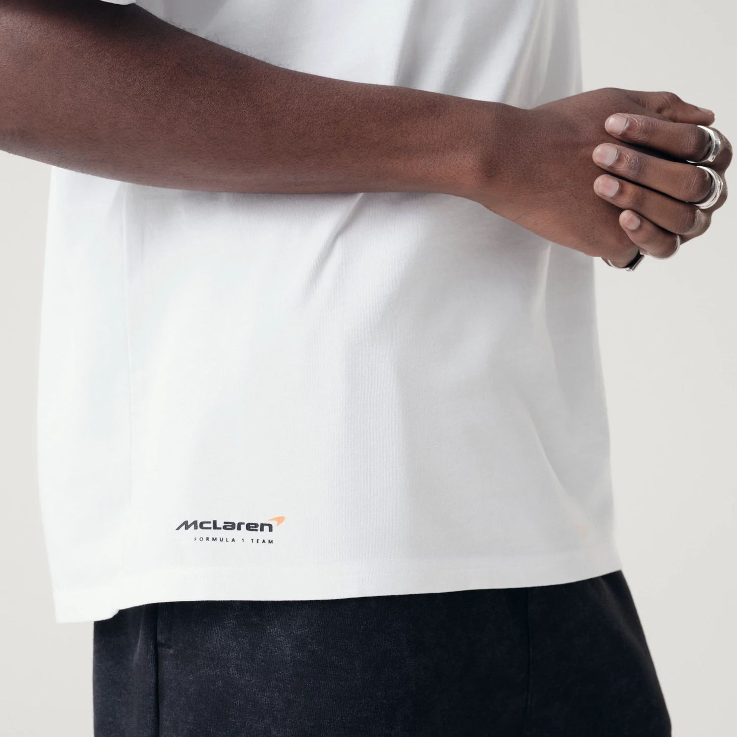 The Male model is wearing McLaren Racing Washed Pack White Oversized T-Shirt 5