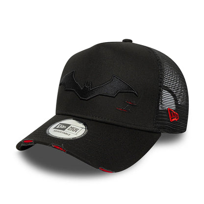 This is a Batman Distressed Black 9FORTY E-Frame Trucker Adjustable Cap 1