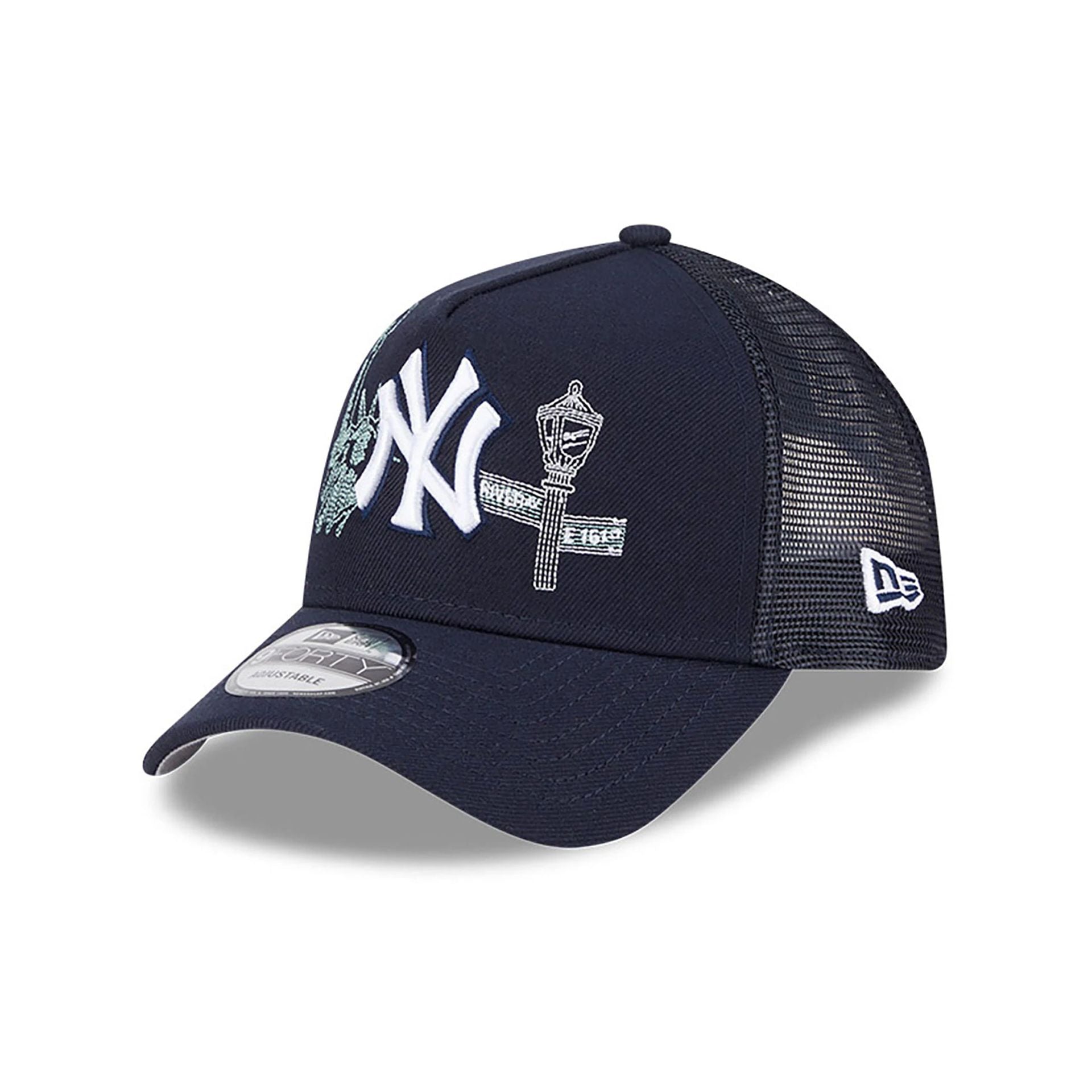 This is a New York Yankees State Stitch Navy 9FORTY A-Frame Adjustable Cap 1