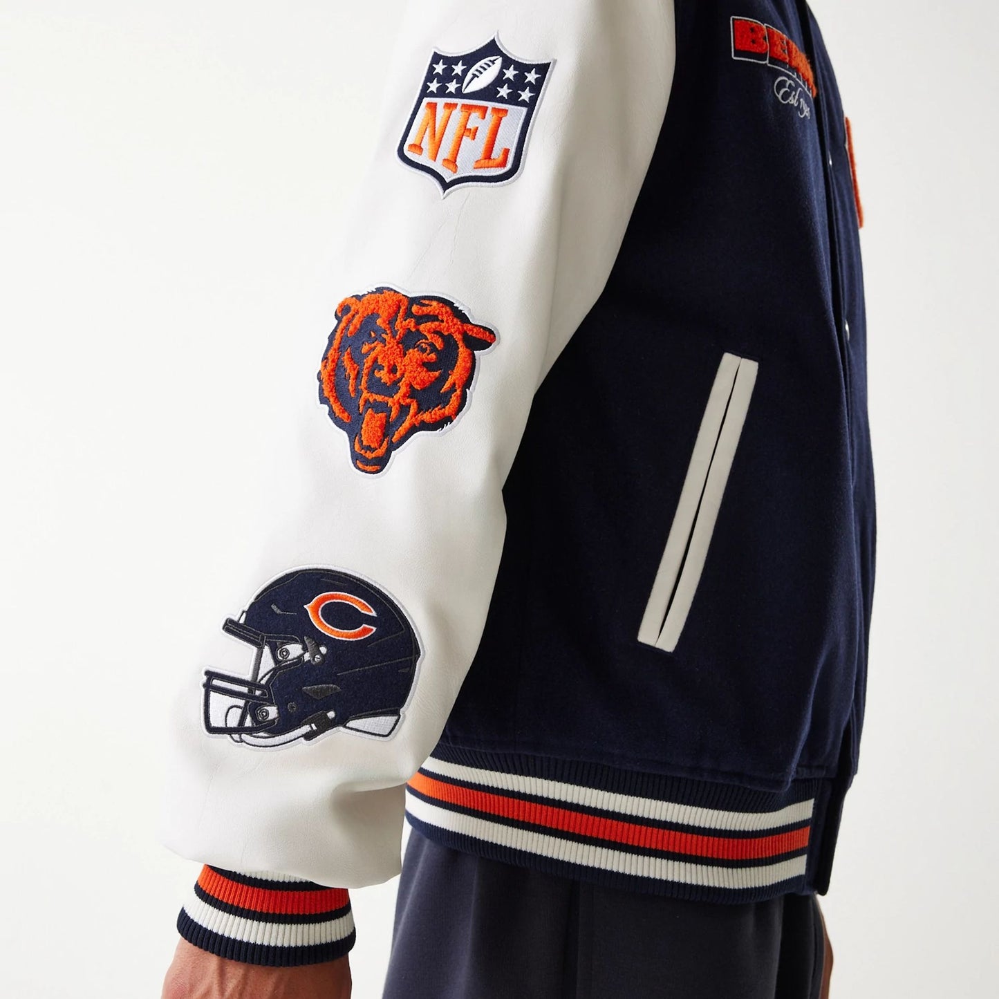 The Male model is wearing Chicago Bears NFL Navy Varsity Jacket 3