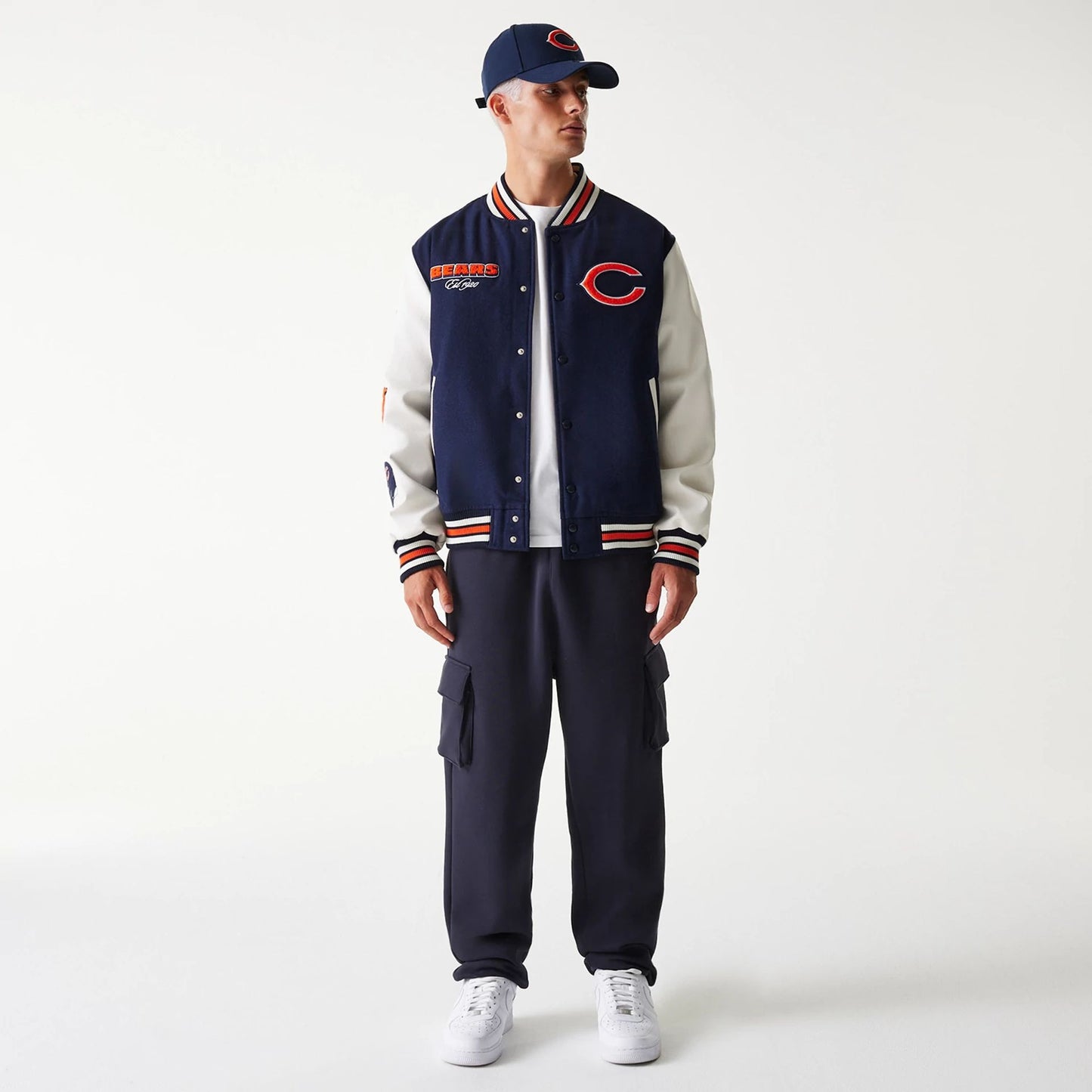 The Male model is wearing Chicago Bears NFL Navy Varsity Jacket 6