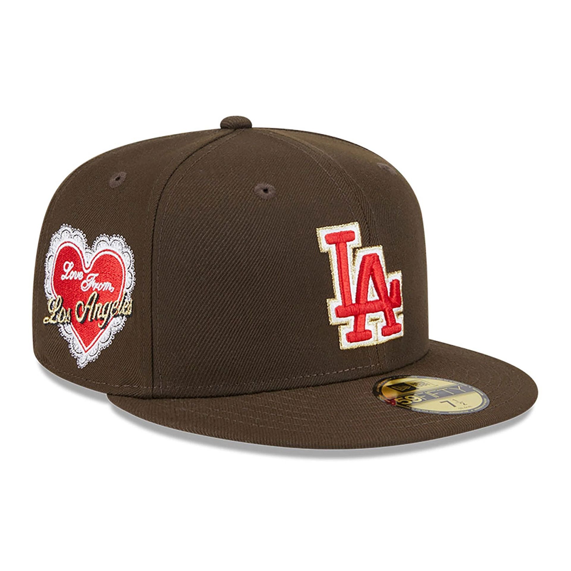 This is a LA Dodgers Love From New Era Dark Brown 59FIFTY Fitted Cap 1