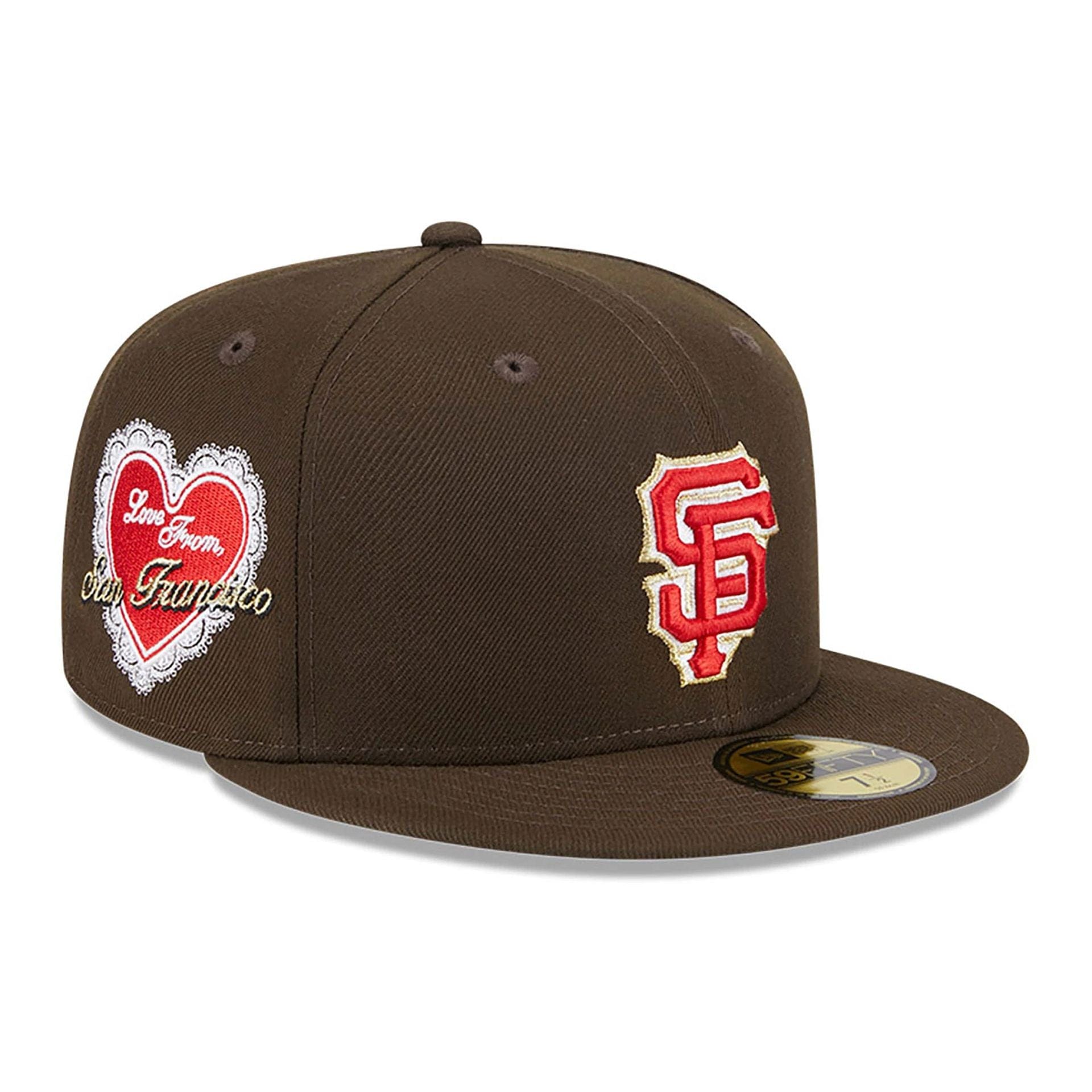 This is a San Francisco Giants Love From New Era Dark Brown 59FIFTY Fitted Cap 1