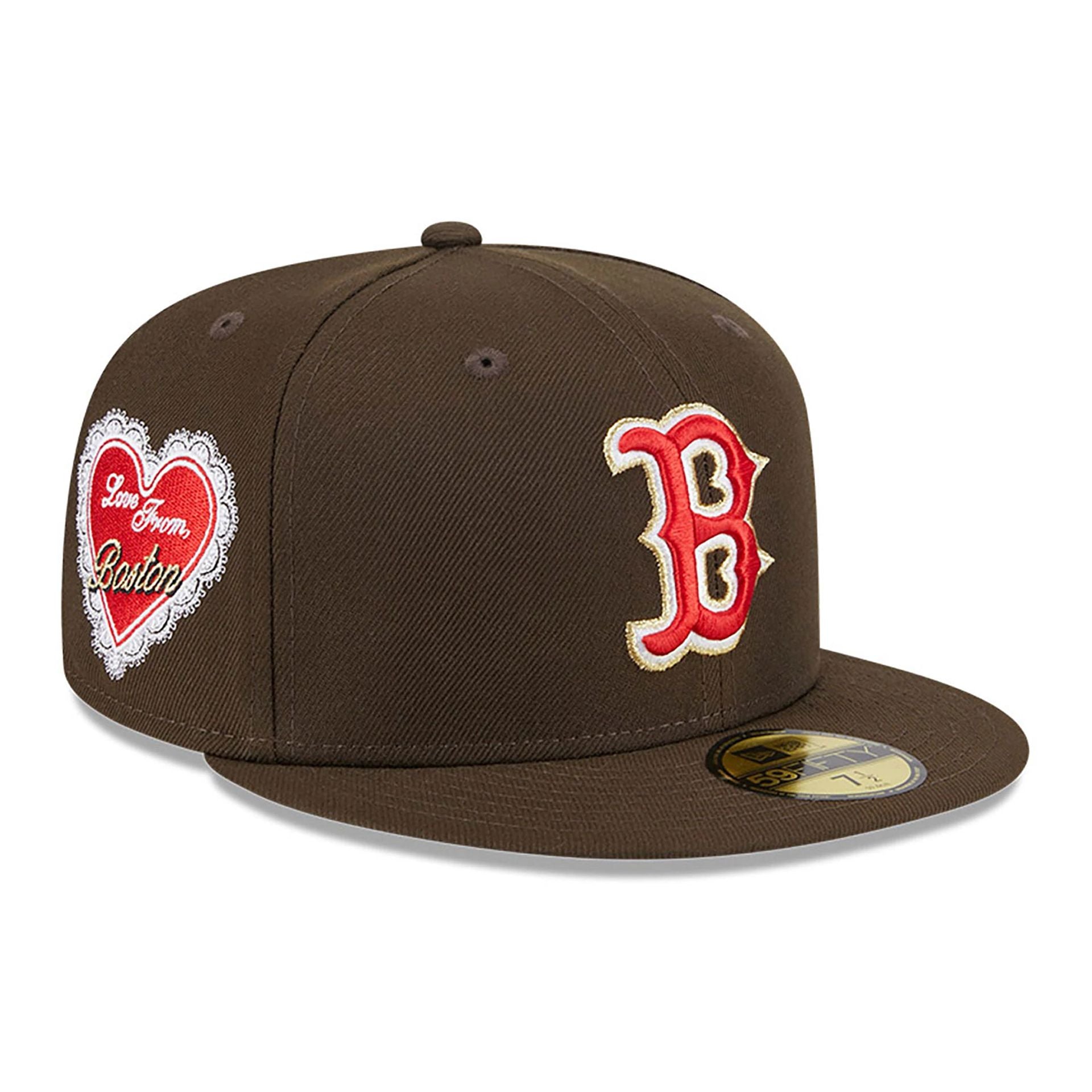 This is a Boston Red Sox Love From New Era Dark Brown 59FIFTY Fitted Cap 1