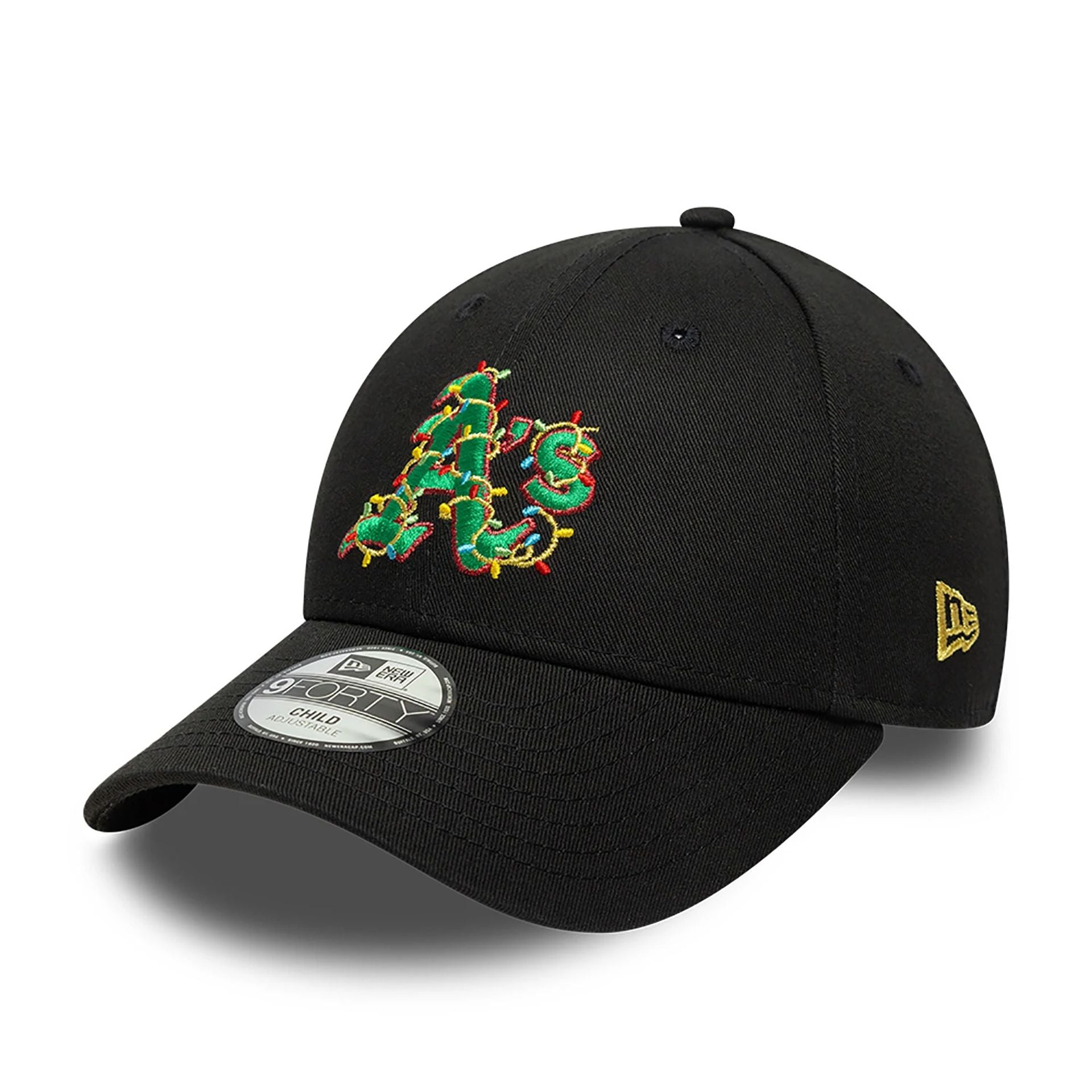 This is a Oakland Athletics Child Christmas Lights Black 9FORTY Adjustable Cap 1