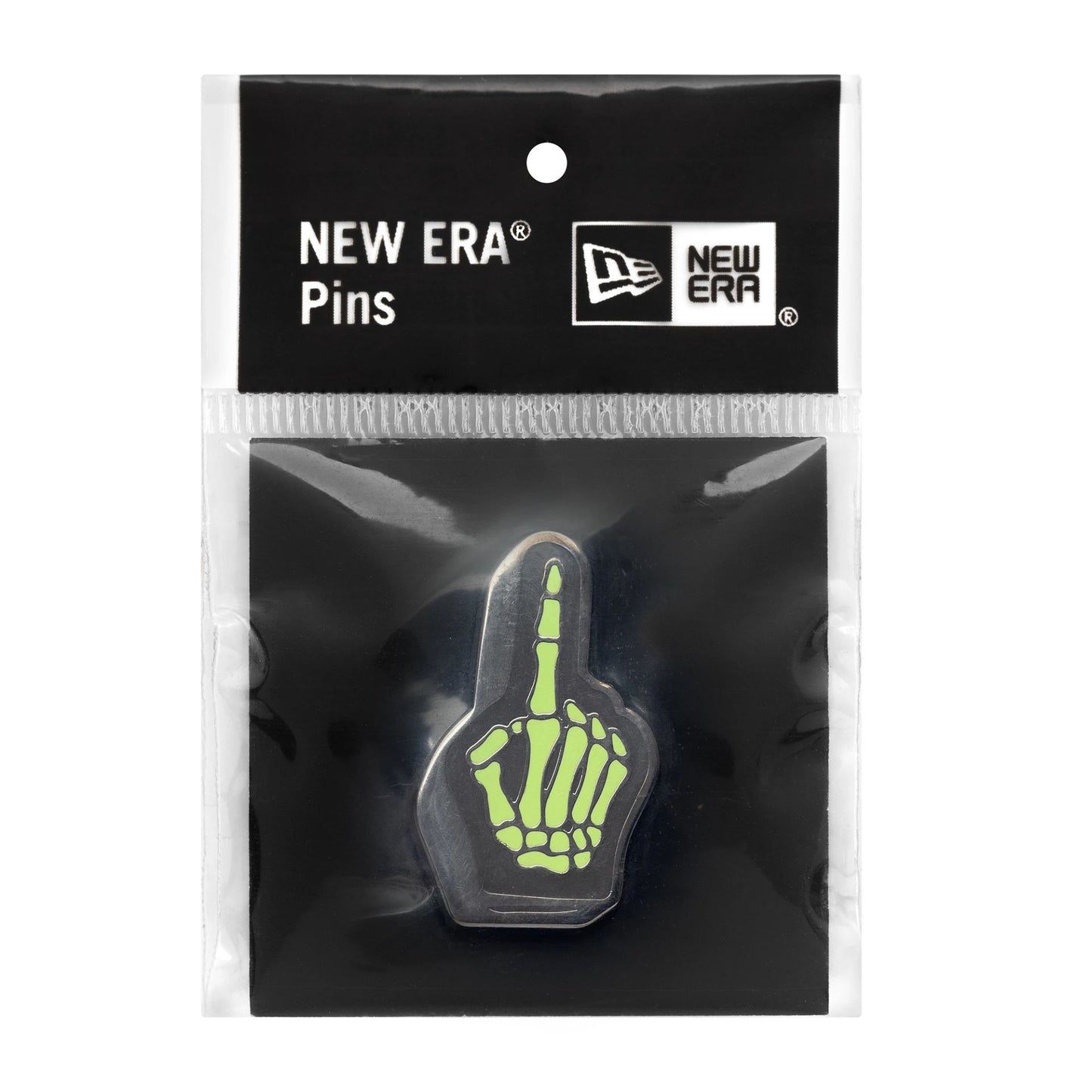 This is a New Era Halloween Skeleton Hand Green Pin Badge 3