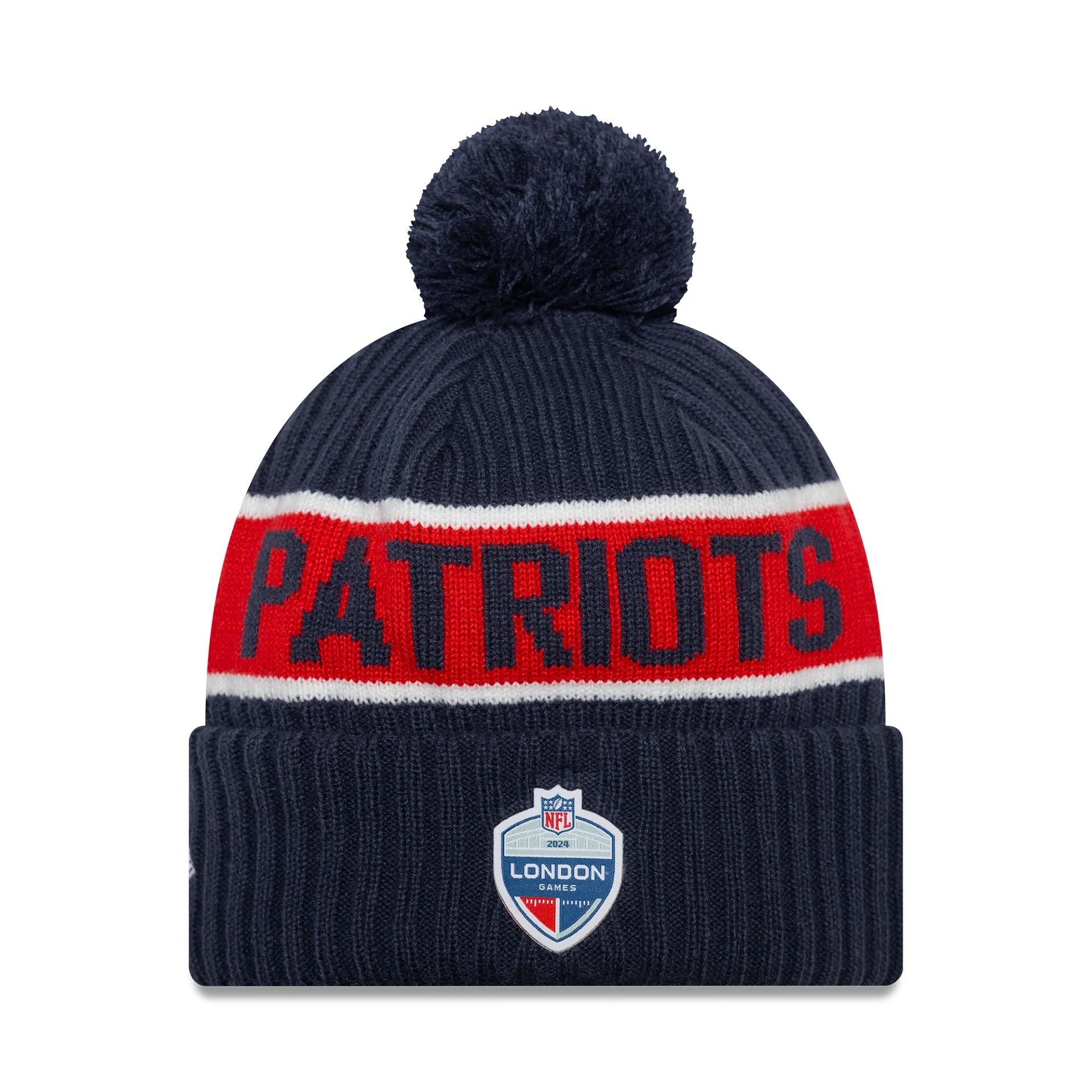 This is a New England Patriots NFL International Series Games London 2024 Navy Sportknit Beanie Hat 2