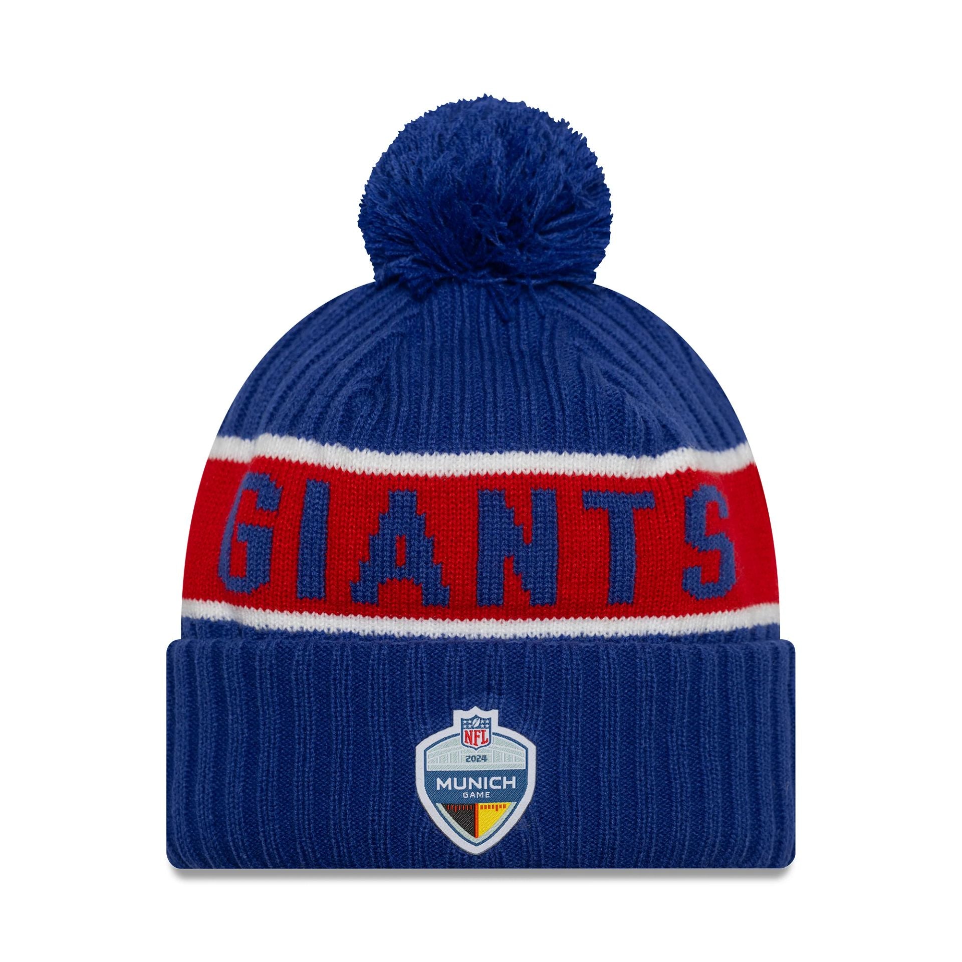 This is a New York Giants NFL International Series Games Munich 2024 Blue Sportknit Beanie Hat 2