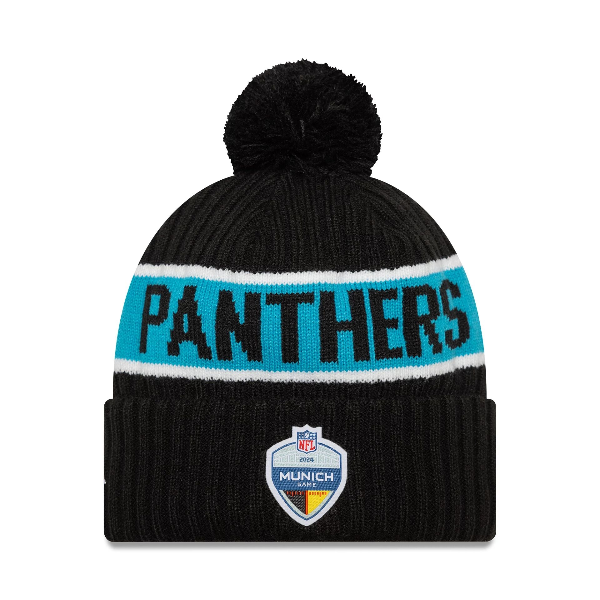 This is a Carolina Panthers NFL International Series Games Munich 2024 Black Sportknit Beanie Hat 2