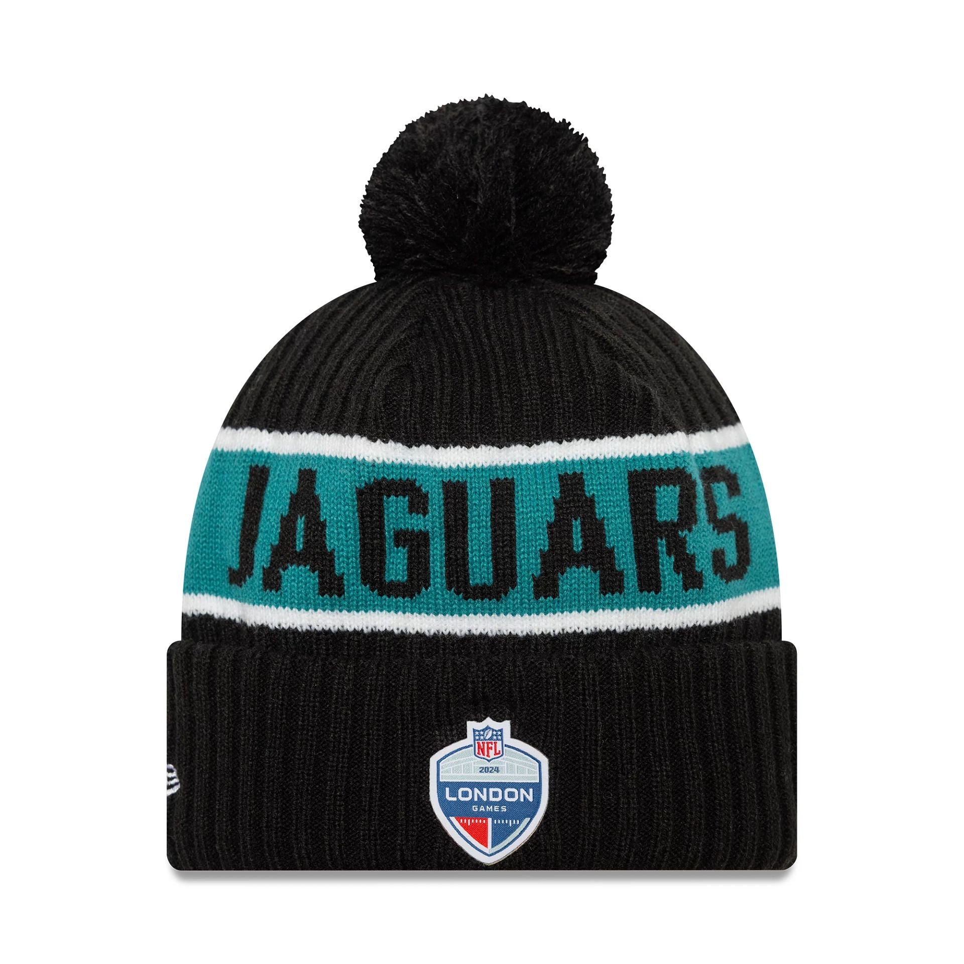 This is a Jacksonville Jaguars NFL International Series Games London 2024 Black Sportknit Beanie Hat 2