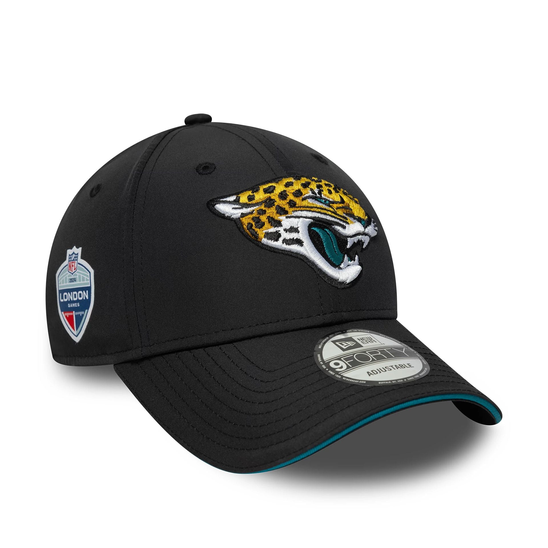 This is a Jacksonville Jaguars NFL International Series Games London 2024 Black 9FORTY Adjustable Cap 1