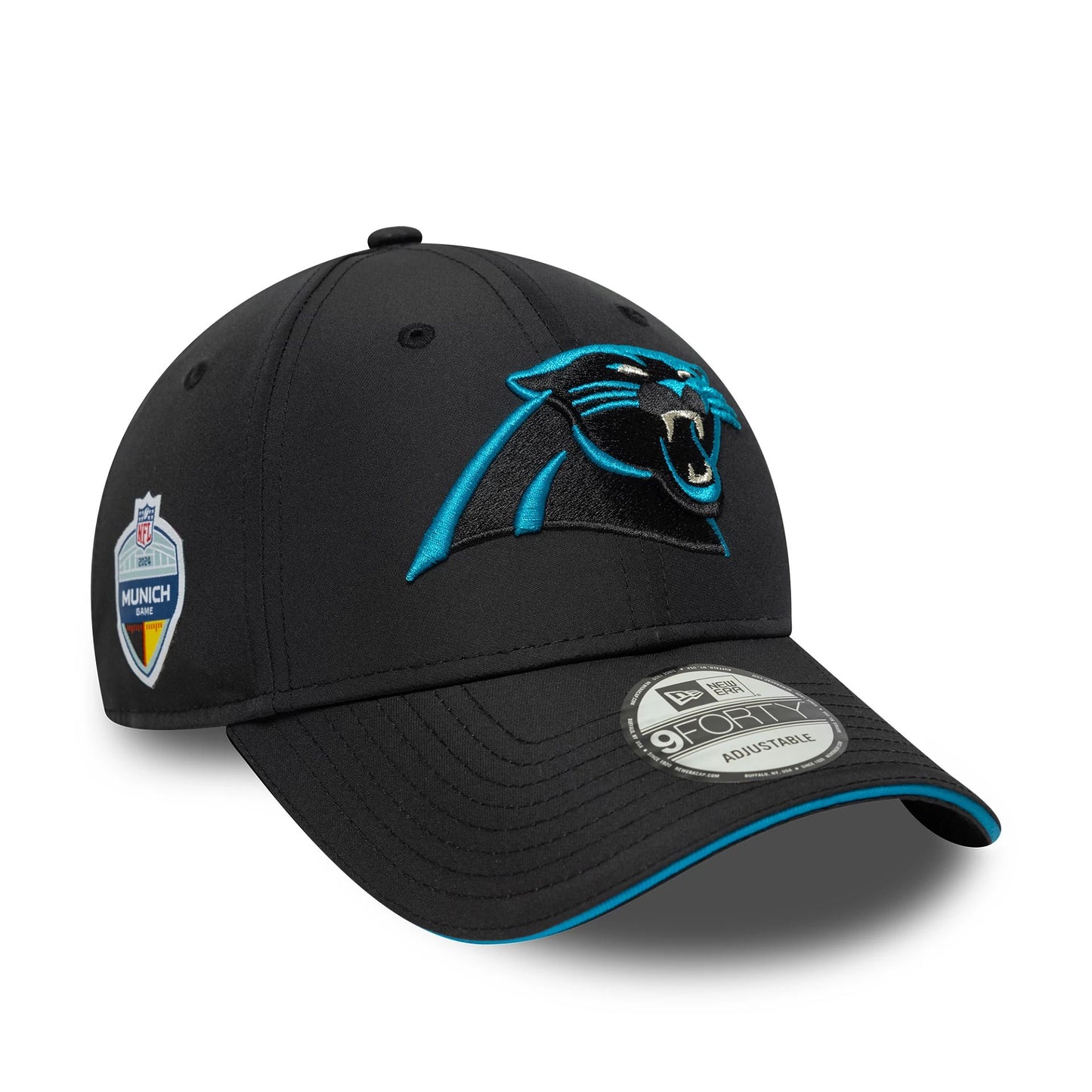 This is a Carolina Panthers NFL International Series Games Munich 2024 Black 9FORTY Adjustable Cap 1