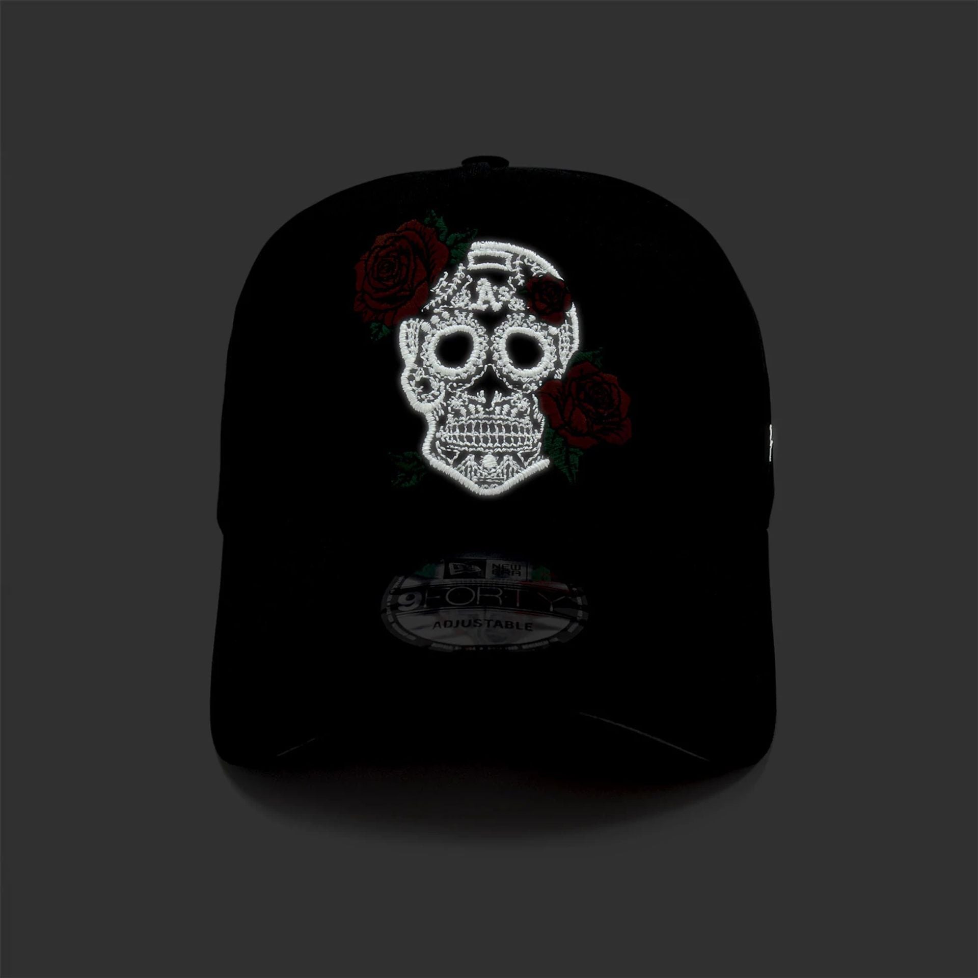 This is a Oakland Athletics Glow In The Dark Sugar Skull Black 9FORTY E-Frame Adjustable Cap 4