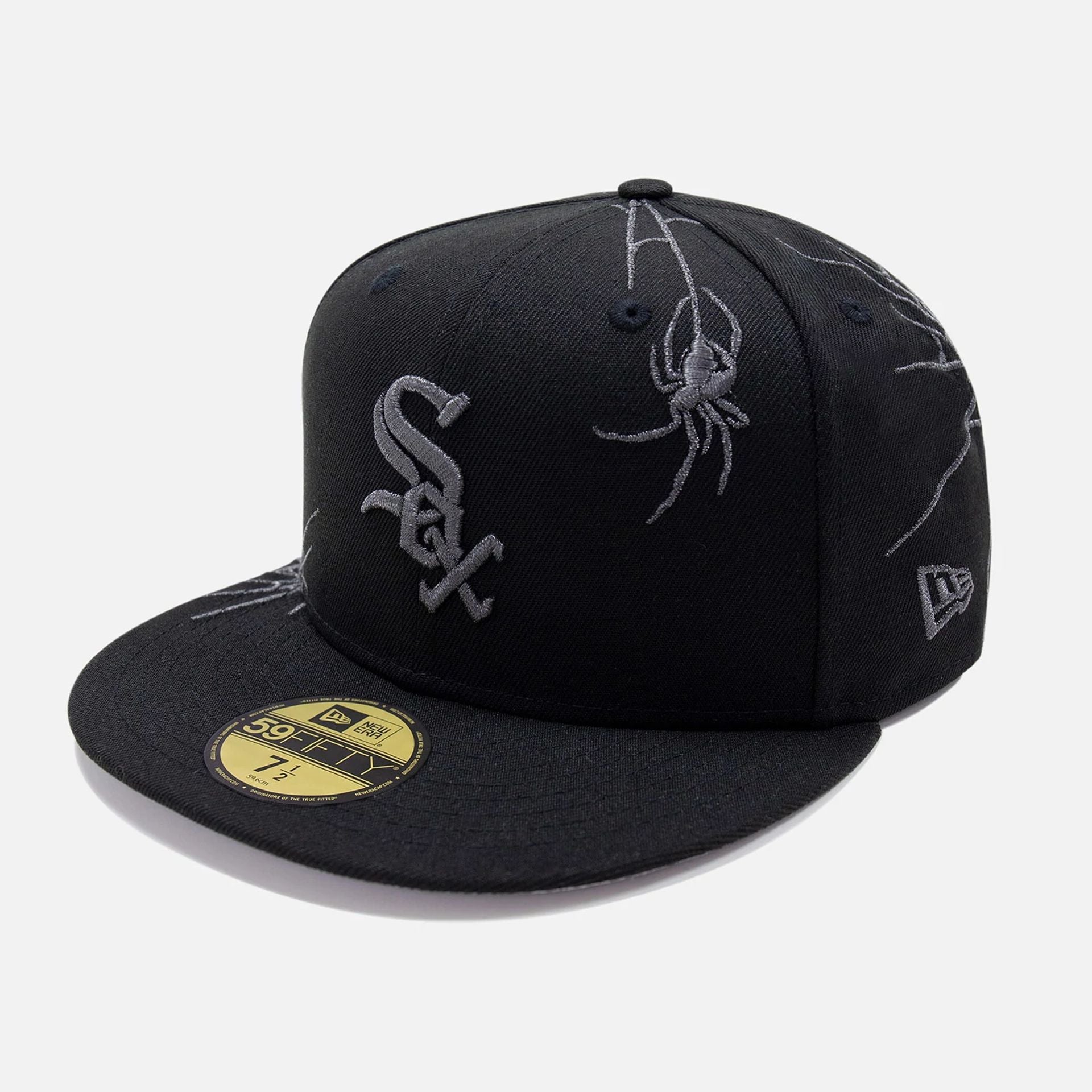 This is a Chicago White Sox Halloween Spider Web Black 59FIFTY Fitted Cap 1