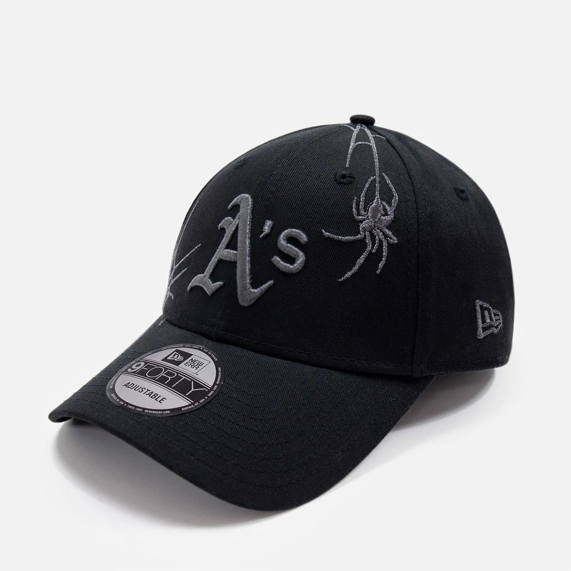 This is a Oakland Athletics Halloween Spider Web Black 9FORTY Adjustable Cap 1