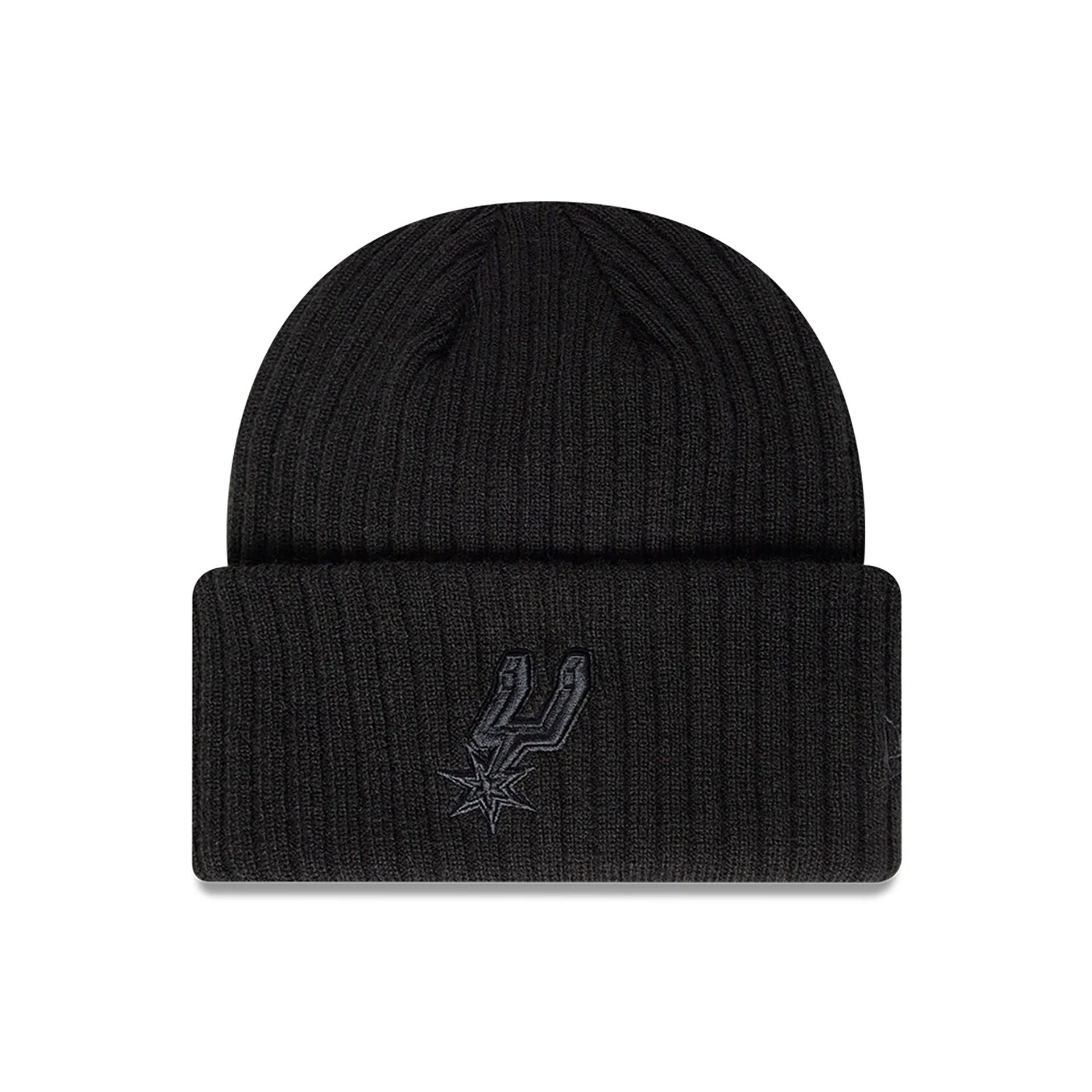 This is a San Antonio Spurs NBA Paris Games 2025 Black Cuff Knit Beanie Hat 1