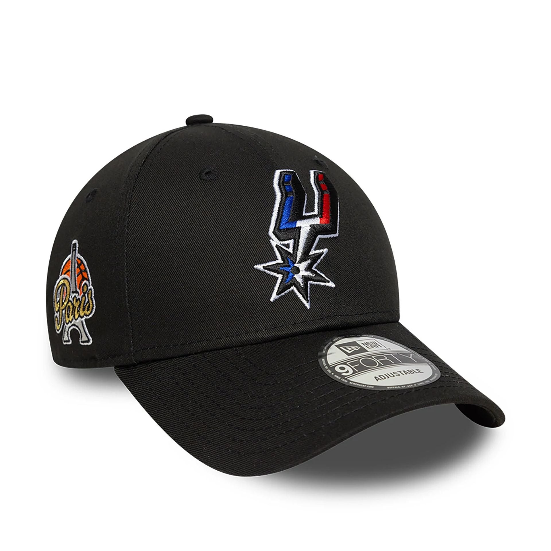 This is a San Antonio Spurs NBA Paris Games 2025 Black 9FORTY Adjustable Cap 1