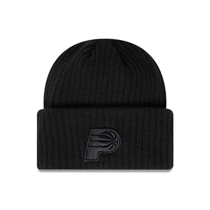 This is a Indiana Pacers NBA Paris Games 2025 Black Cuff Knit Beanie Hat 1