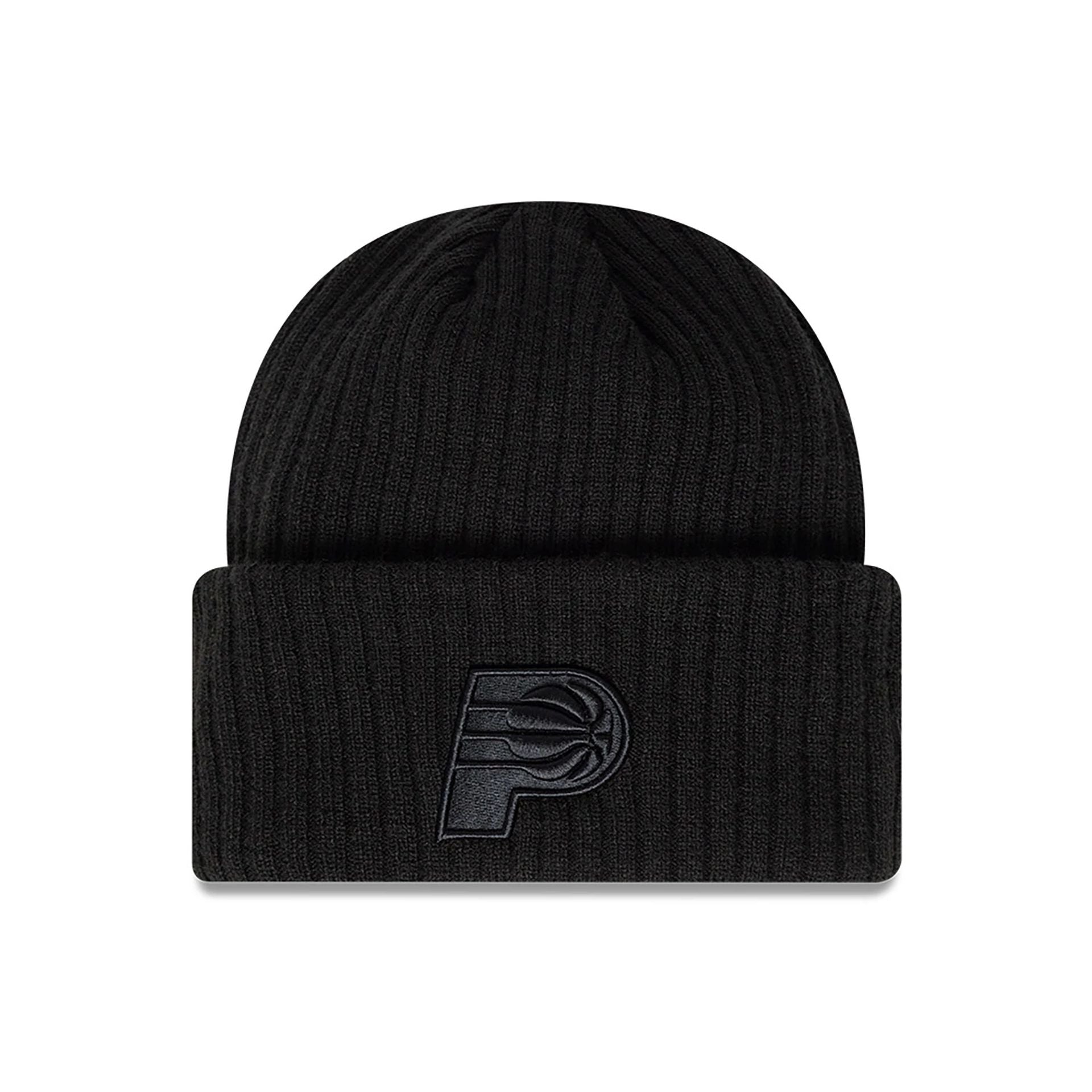 This is a Indiana Pacers NBA Paris Games 2025 Black Cuff Knit Beanie Hat 1