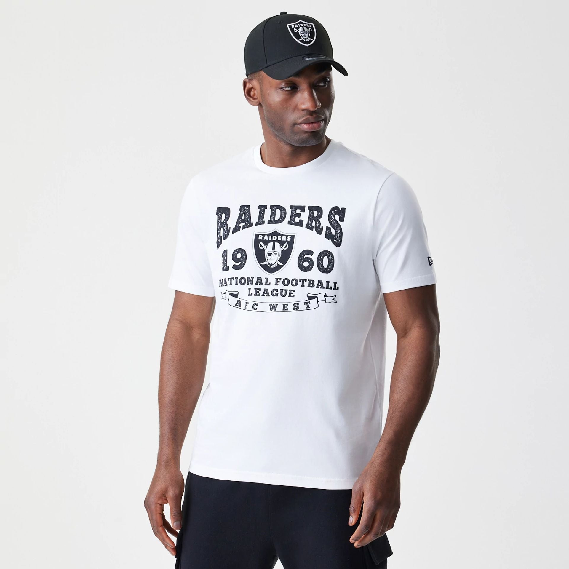 The Male model is wearing Las Vegas Raiders NFL Stack Arch Logo White T-Shirt 1