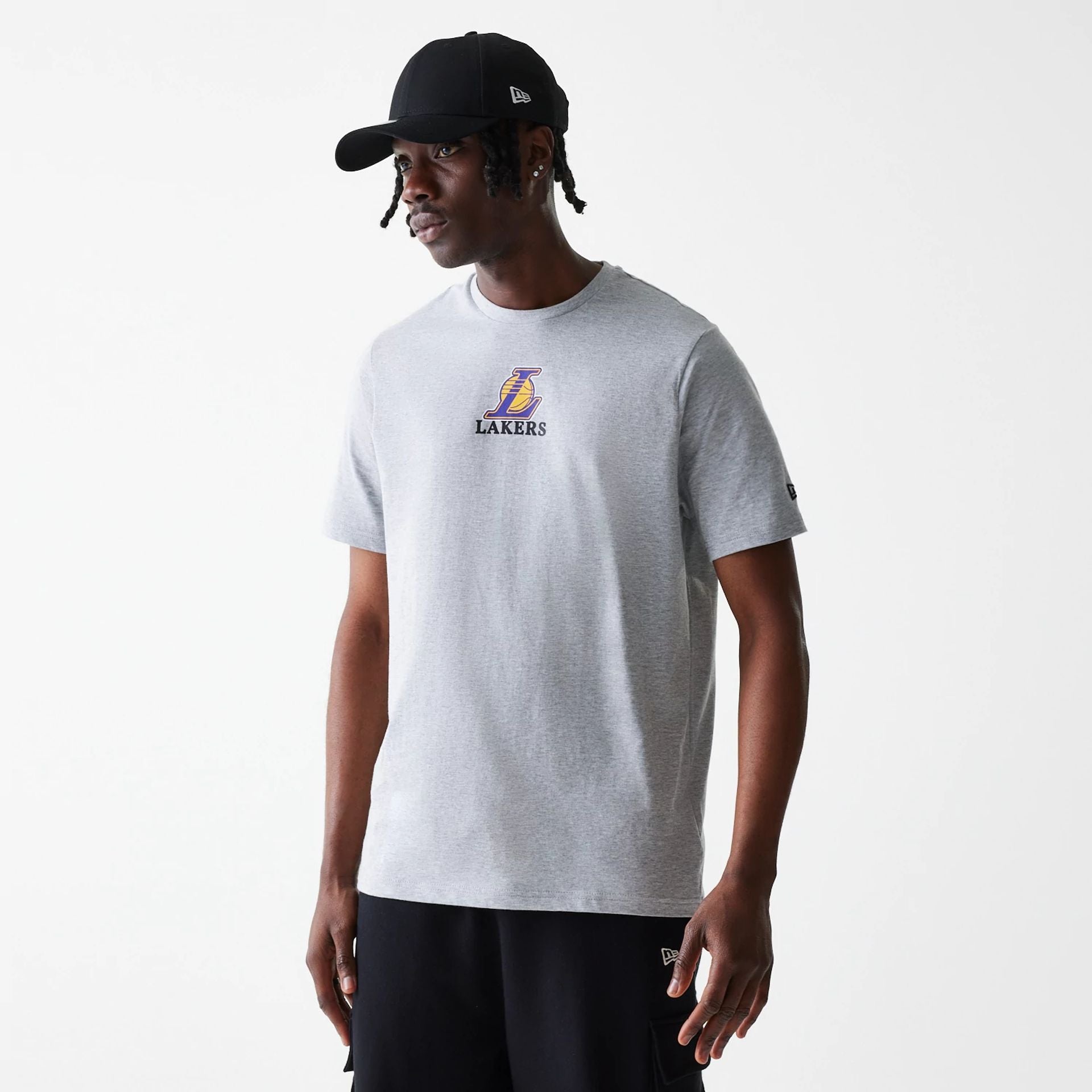 The Male model is wearing LA Lakers NBA Logo Grey T-Shirt 1