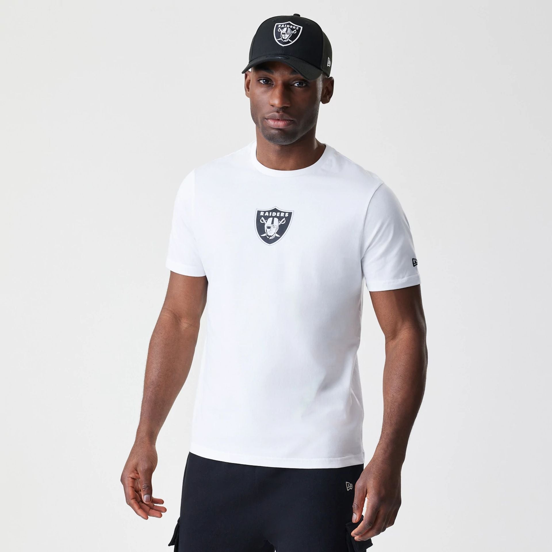 The Male model is wearing Las Vegas Raiders NFL Logo White T-Shirt 1