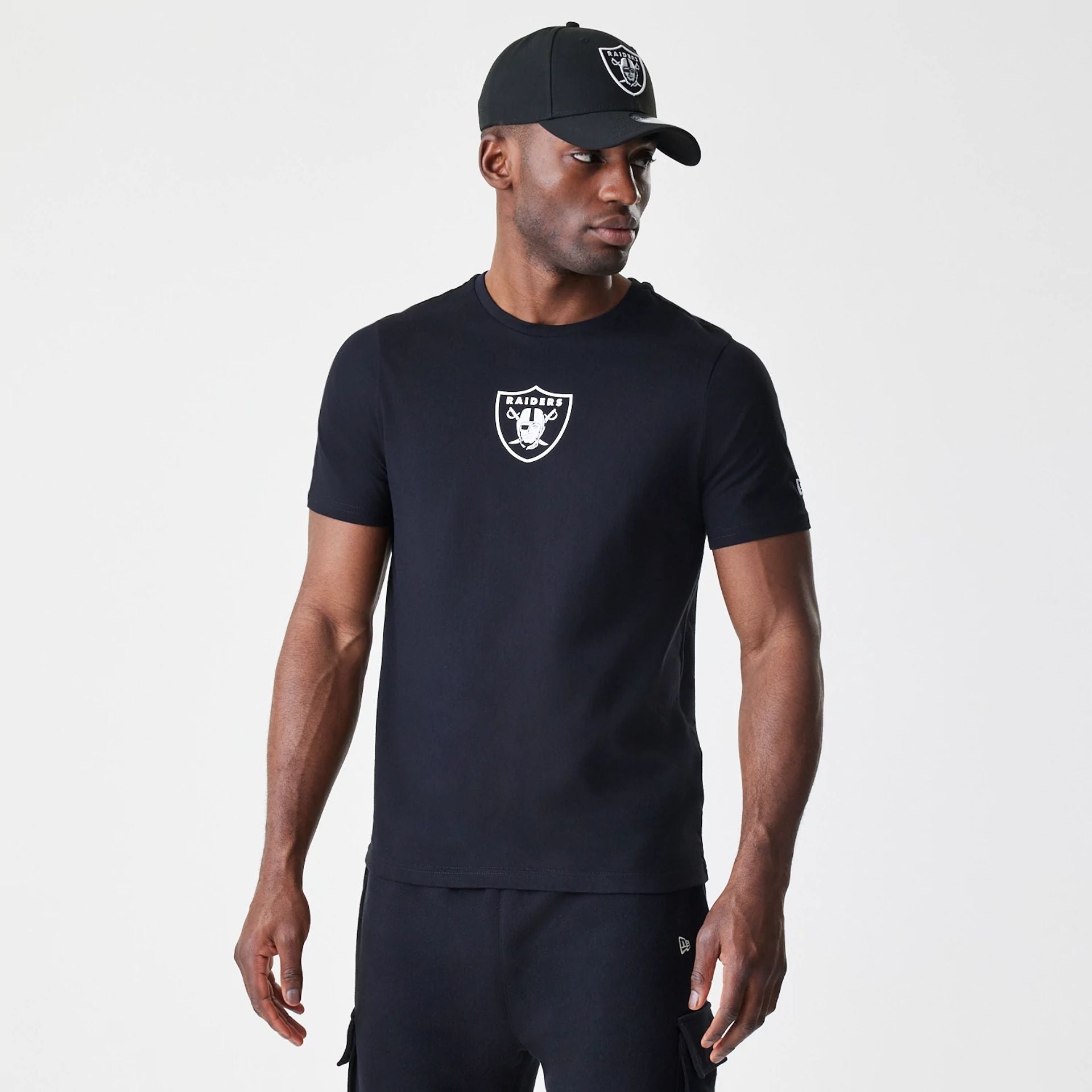 The Male model is wearing Las Vegas Raiders NFL Logo Black T-Shirt 1