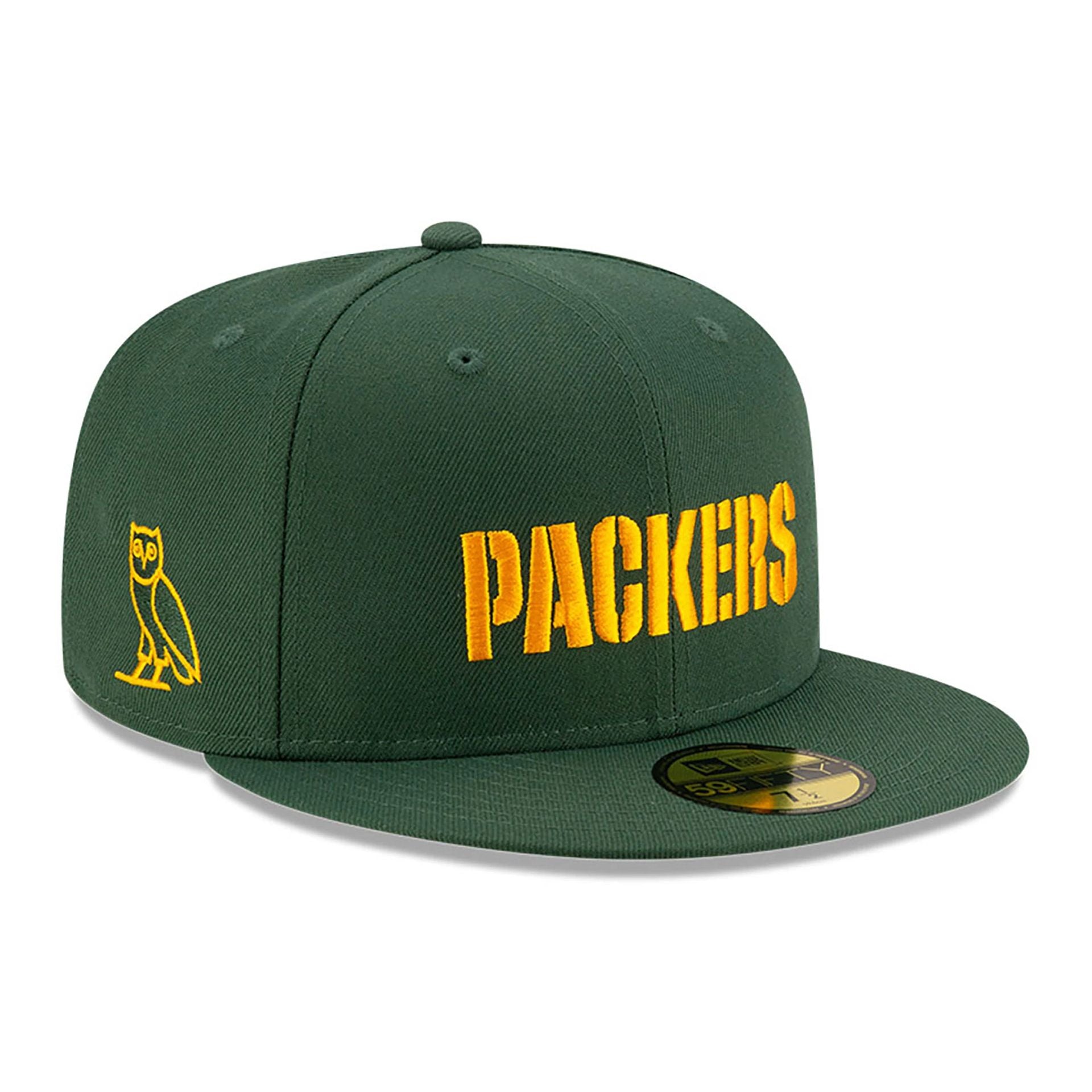 This is a Green Bay Packers OVO x NFL 2024 Dark Green 59FIFTY Fitted Cap 1