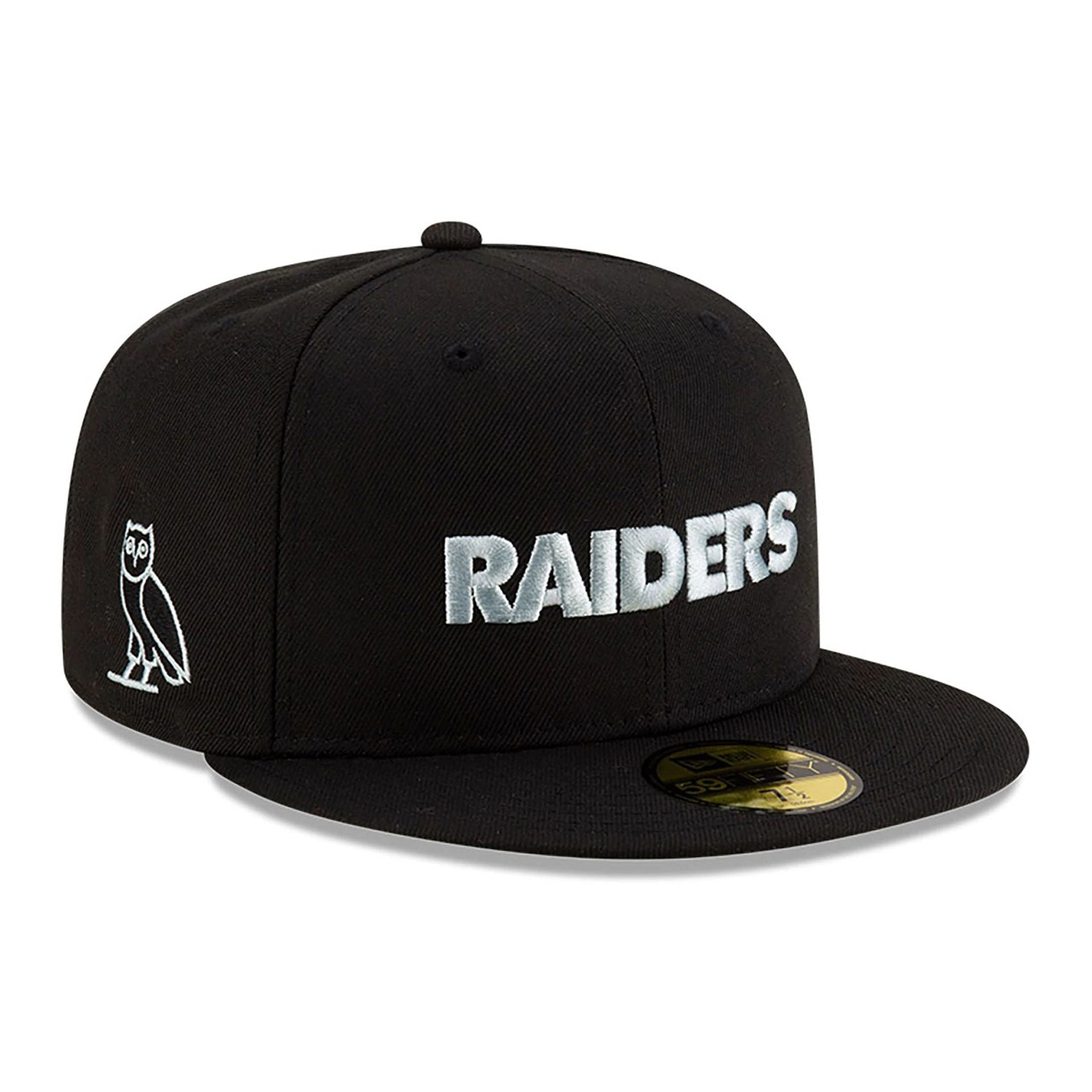 This is a Las Vegas Raiders OVO x NFL 2024 Black 59FIFTY Fitted Cap 1