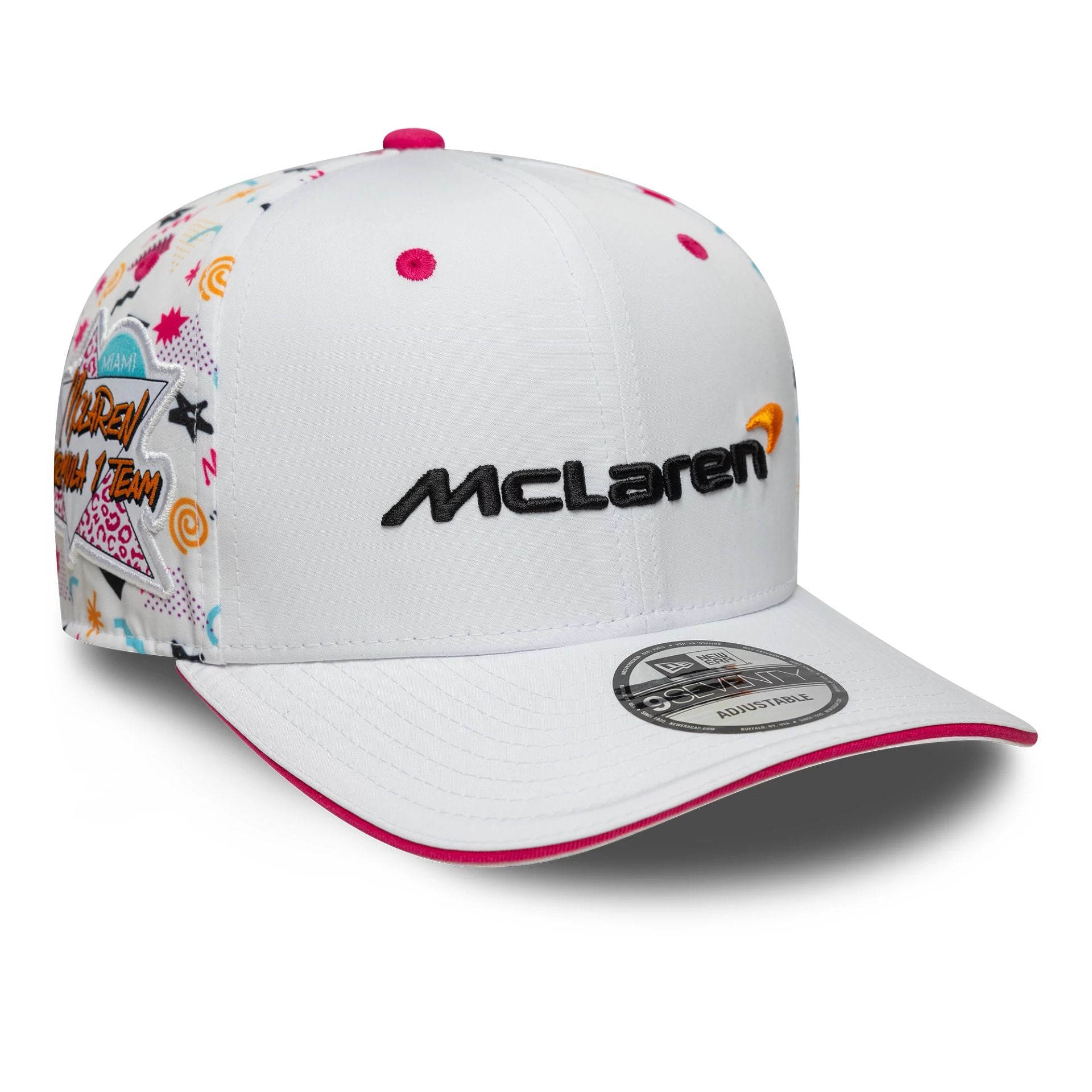 This is a McLaren Racing Miami Race Special White 9SEVENTY Stretch Snap Adjustable Cap 1