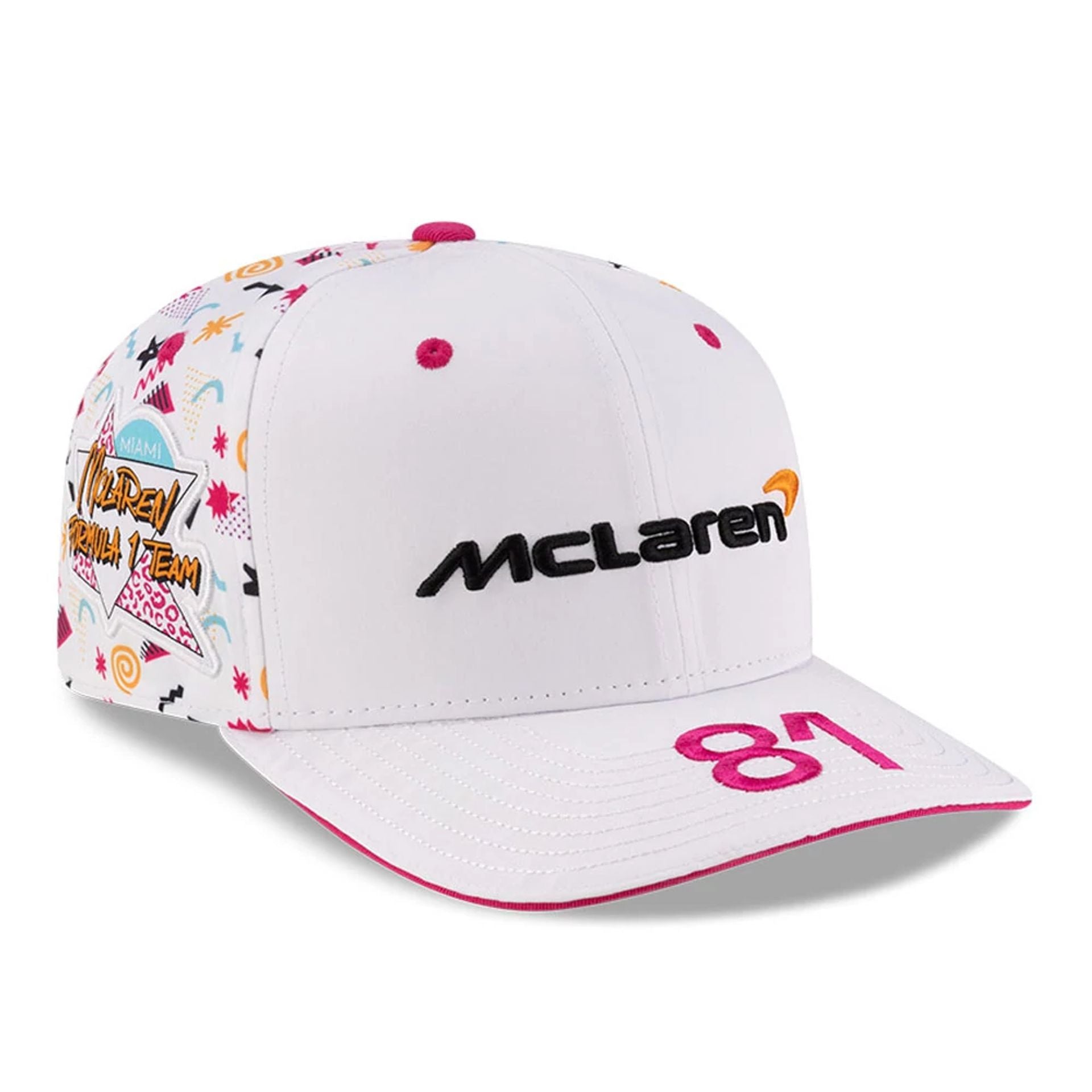 This is a McLaren Racing Oscar Piastri Miami Race Special White 9SEVENTY Stretch Snap Adjustable Cap 1