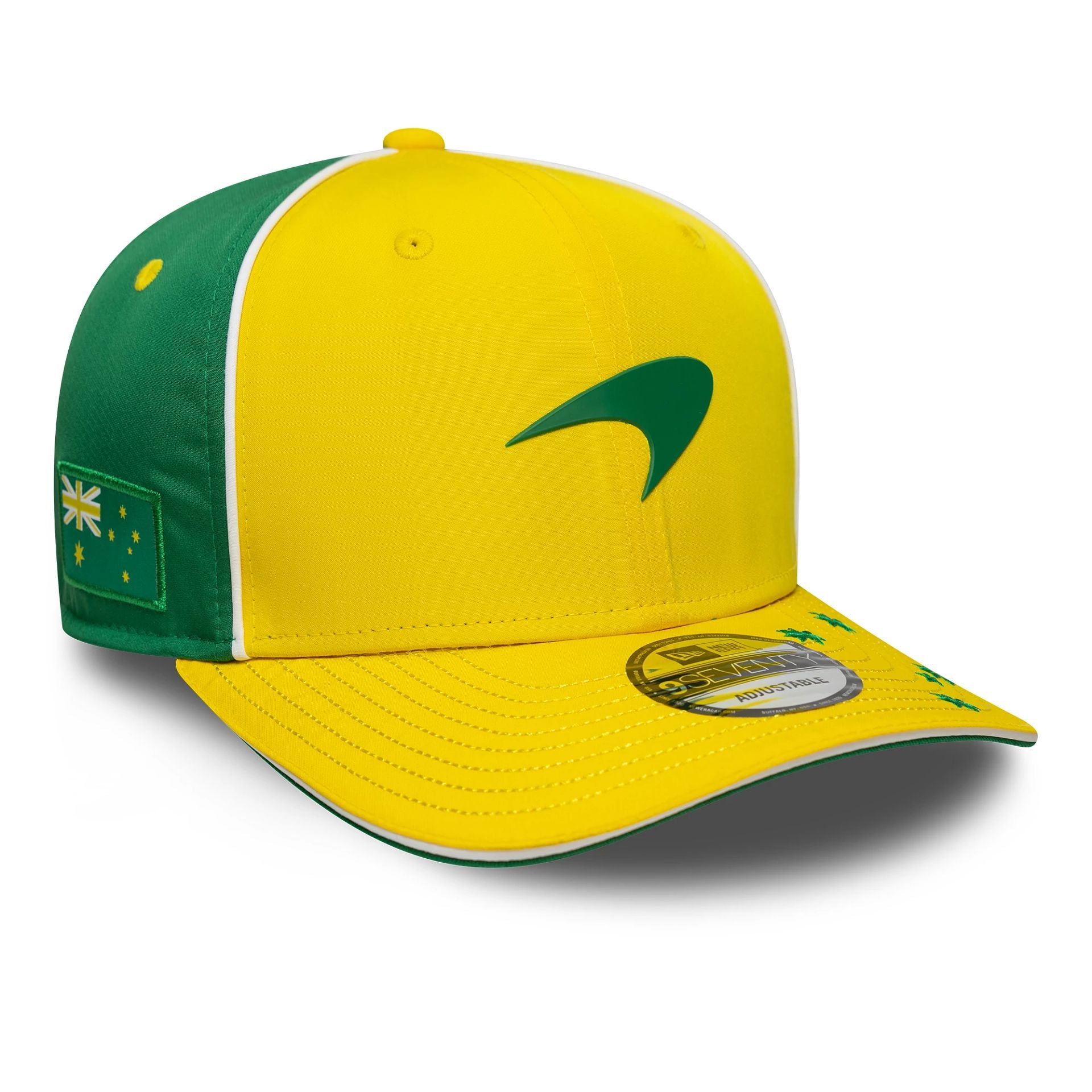 This is a McLaren Racing Oscar Piastri Australia Race Special Green 9SEVENTY Stretch Snap Adjustable Cap 1