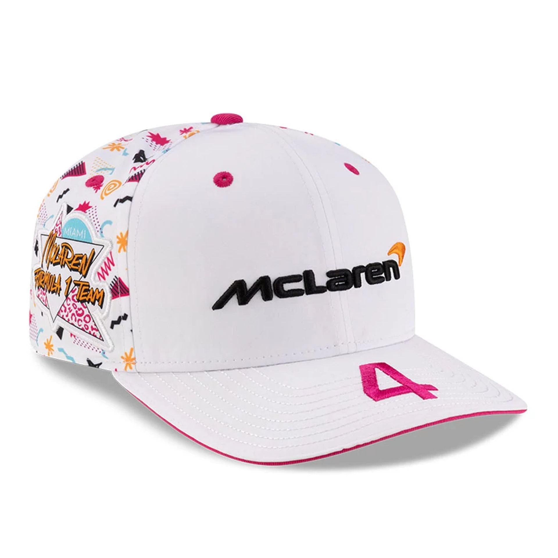 This is a McLaren Racing Lando Norris Replica Miami Race Special White 9SEVENTY Stretch Snap Adjustable Cap 1