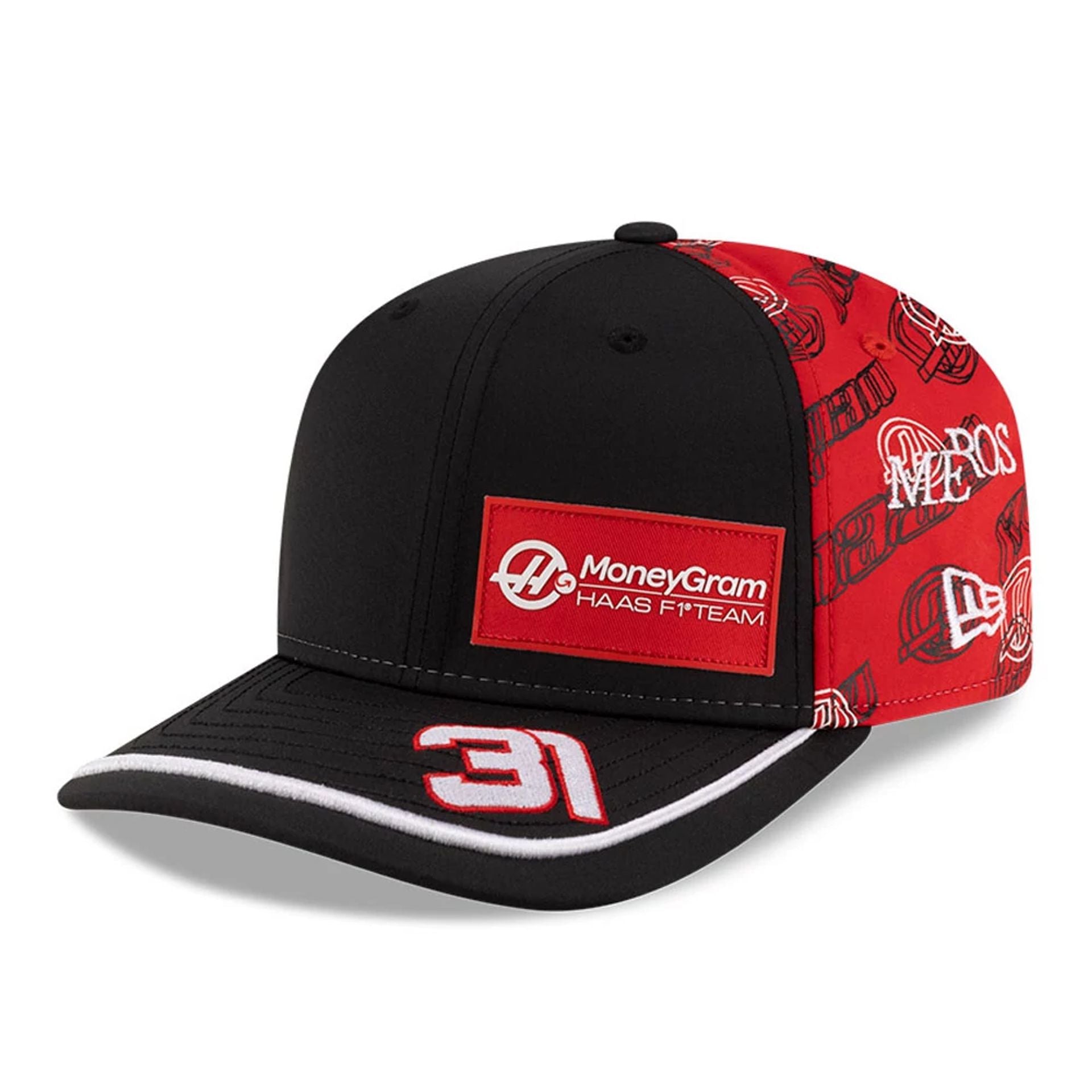 This is a MoneyGram Haas F1 Esteban Ocon Japan Race Special Black 9SEVENTY Stretch Snap Adjustable Cap 1