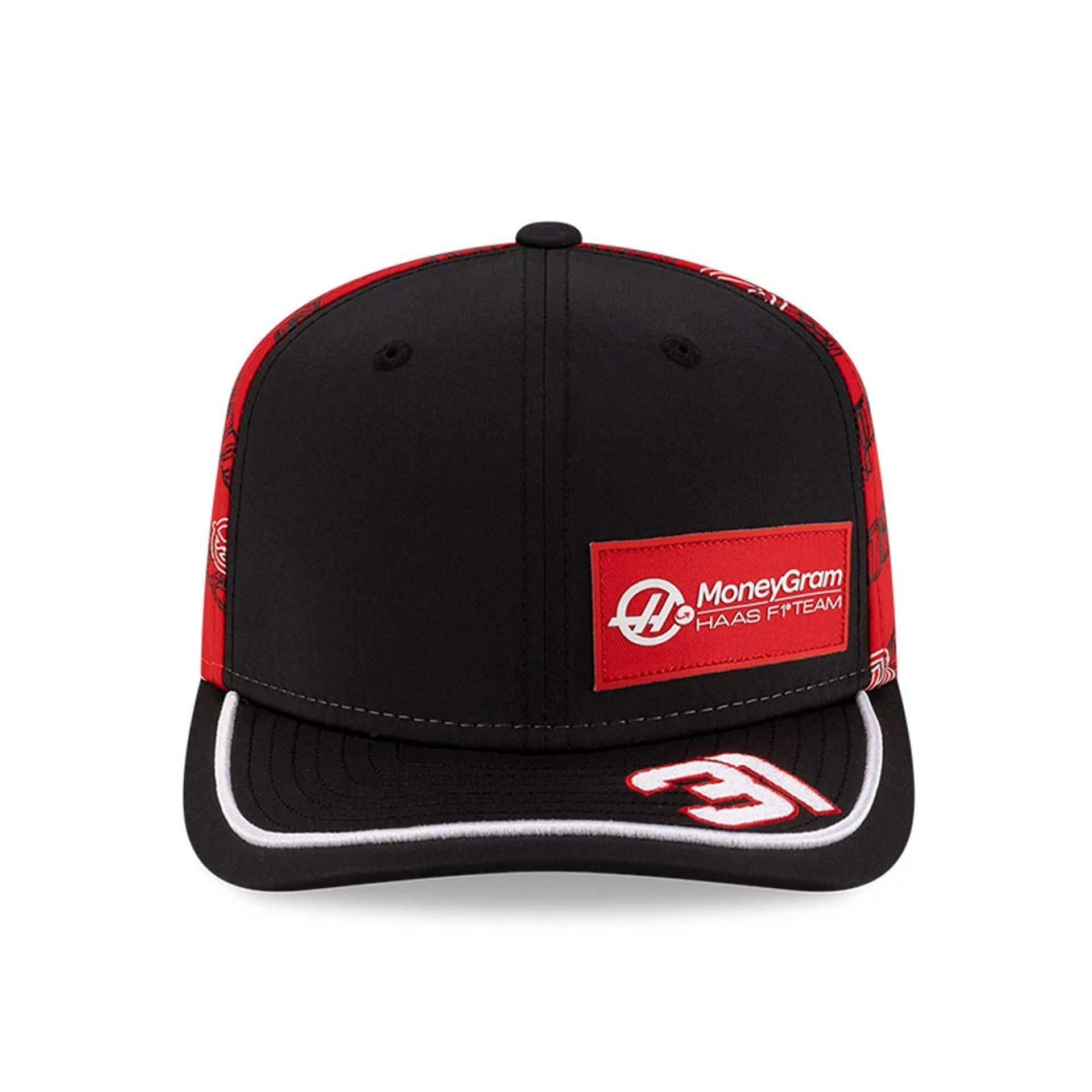 This is a MoneyGram Haas F1 Esteban Ocon Japan Race Special Black 9SEVENTY Stretch Snap Adjustable Cap 2