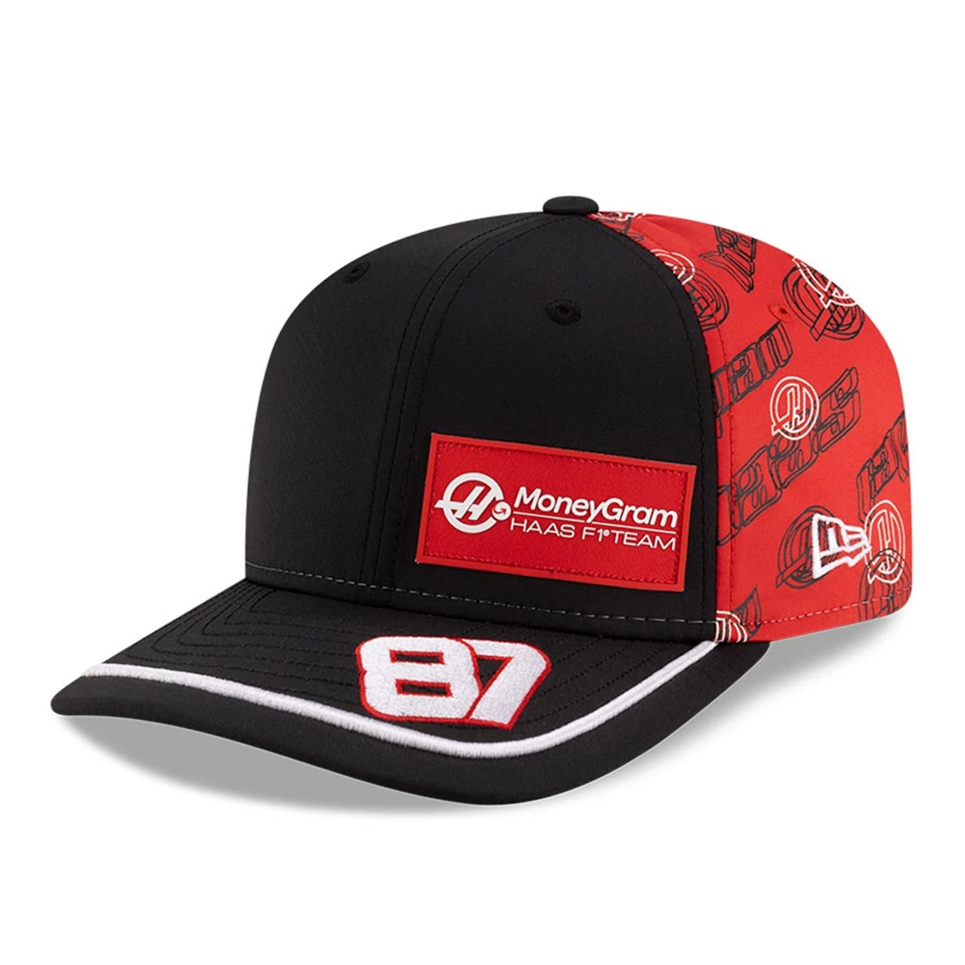 This is a MoneyGram Haas F1 Oliver Bearman Japan Race Special Black 9SEVENTY Stretch Snap Adjustable Cap 1