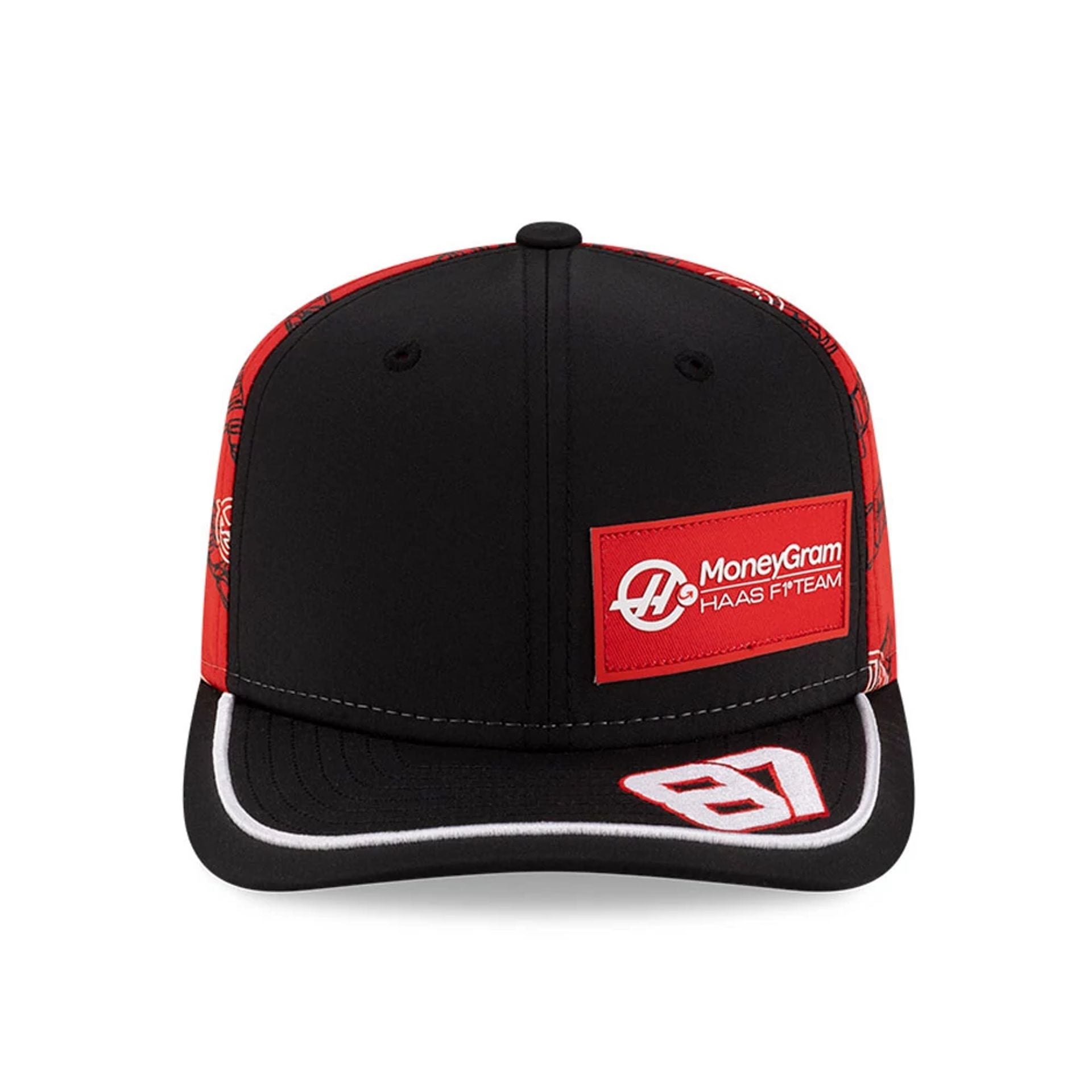 This is a MoneyGram Haas F1 Oliver Bearman Japan Race Special Black 9SEVENTY Stretch Snap Adjustable Cap 2