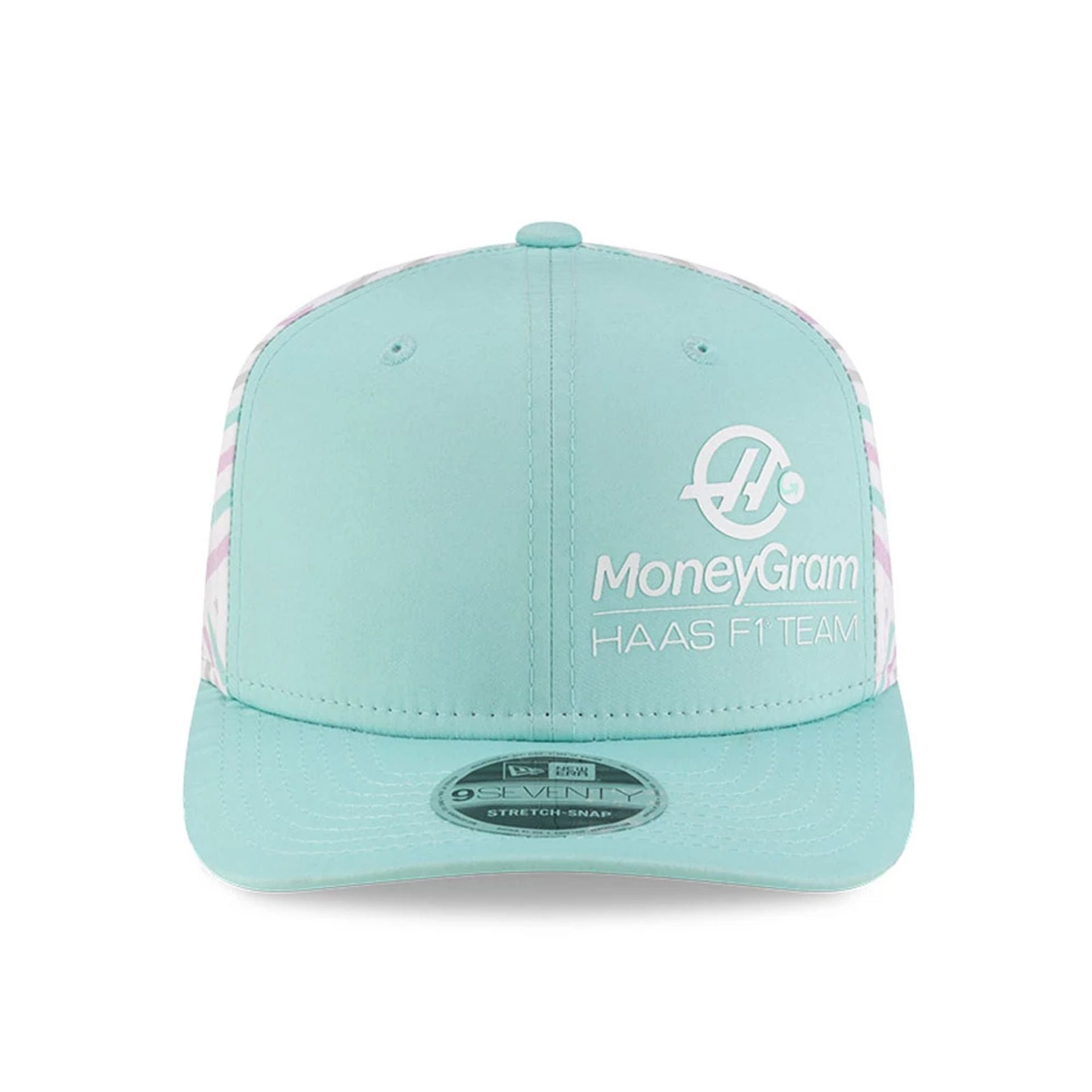 This is a MoneyGram Haas F1 Miami Race Special Turquoise 9SEVENTY Stretch Snap Adjustable Cap 2