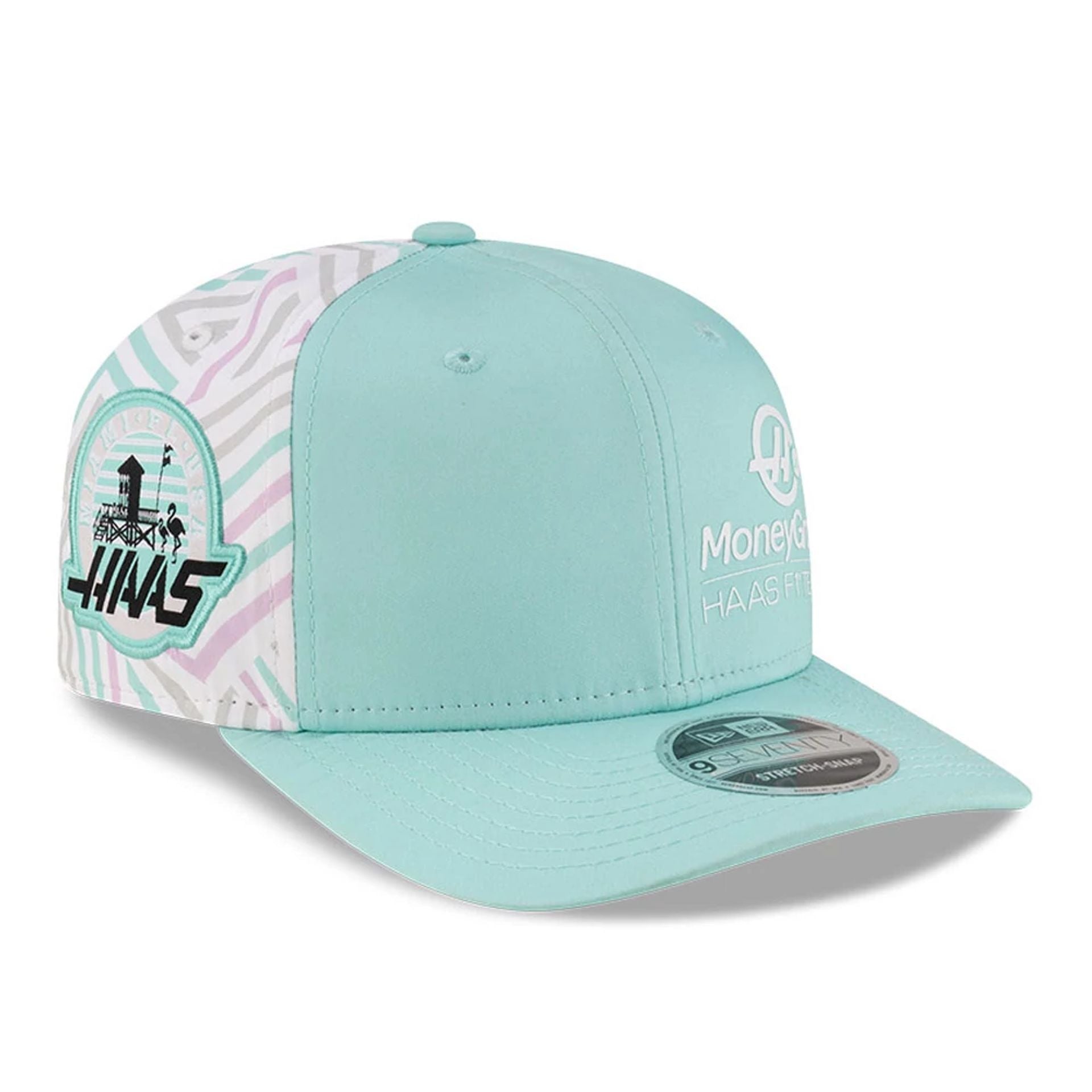 This is a MoneyGram Haas F1 Miami Race Special Turquoise 9SEVENTY Stretch Snap Adjustable Cap 1