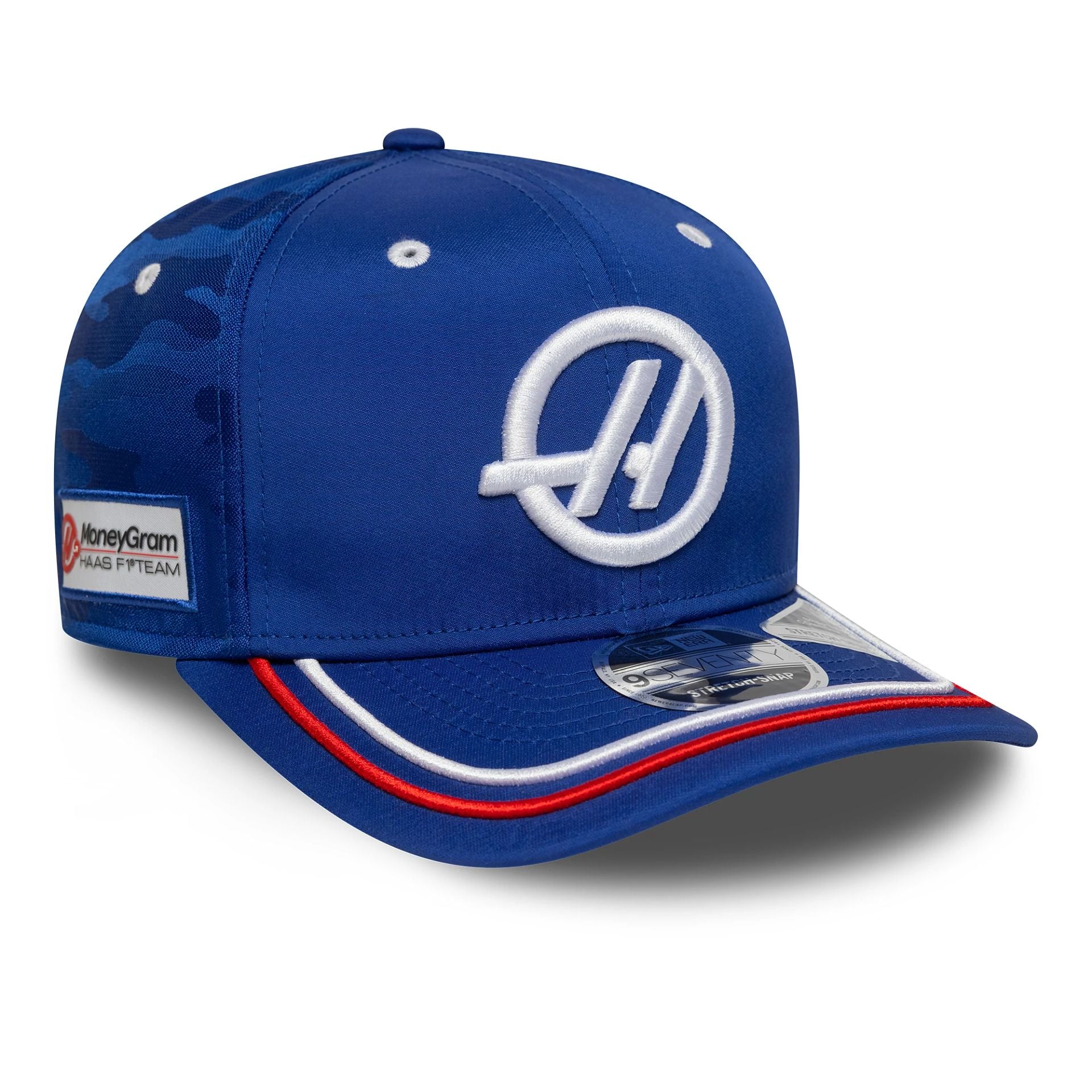 This is a MoneyGram Haas F1 Silverstone Race Special Blue 9SEVENTY Stretch Snap Adjustable Cap 1