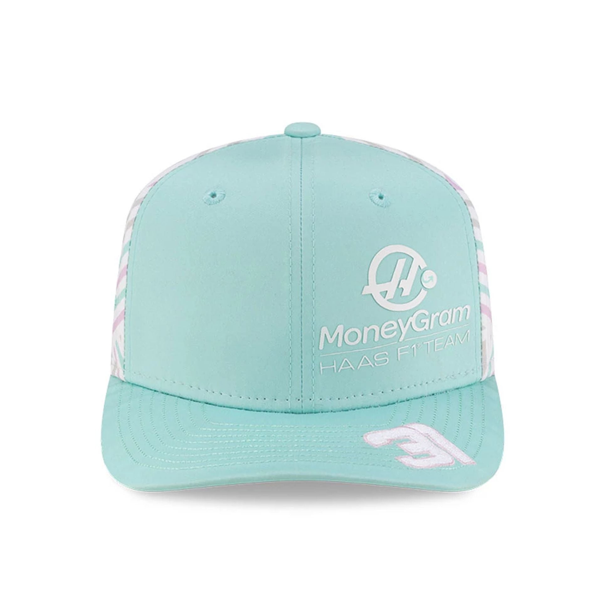 This is a MoneyGram Haas F1 Esteban Ocon Miami Race Special Turquoise 9SEVENTY Stretch Snap Adjustable Cap 2