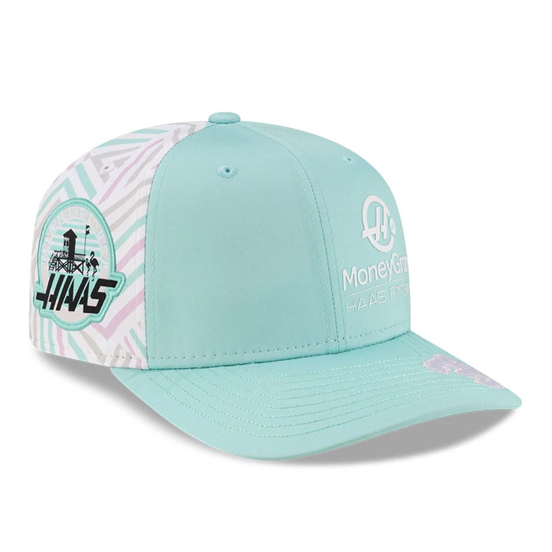 This is a MoneyGram Haas F1 Esteban Ocon Miami Race Special Turquoise 9SEVENTY Stretch Snap Adjustable Cap 1