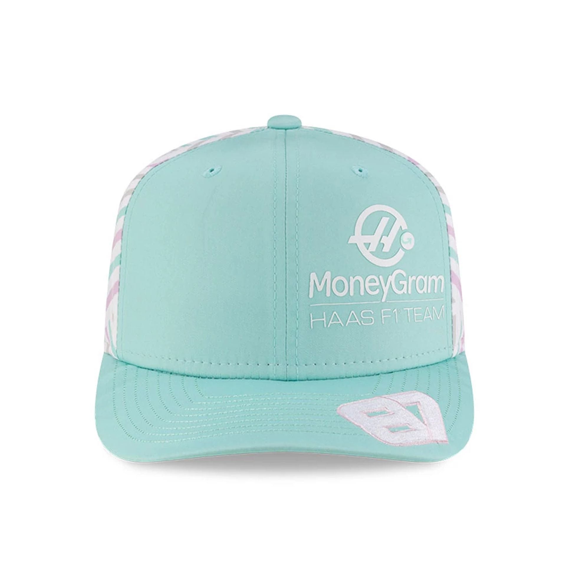 This is a MoneyGram Haas F1 Oliver Bearman Miami Race Special Turquoise 9SEVENTY Stretch Snap Adjustable Cap 2