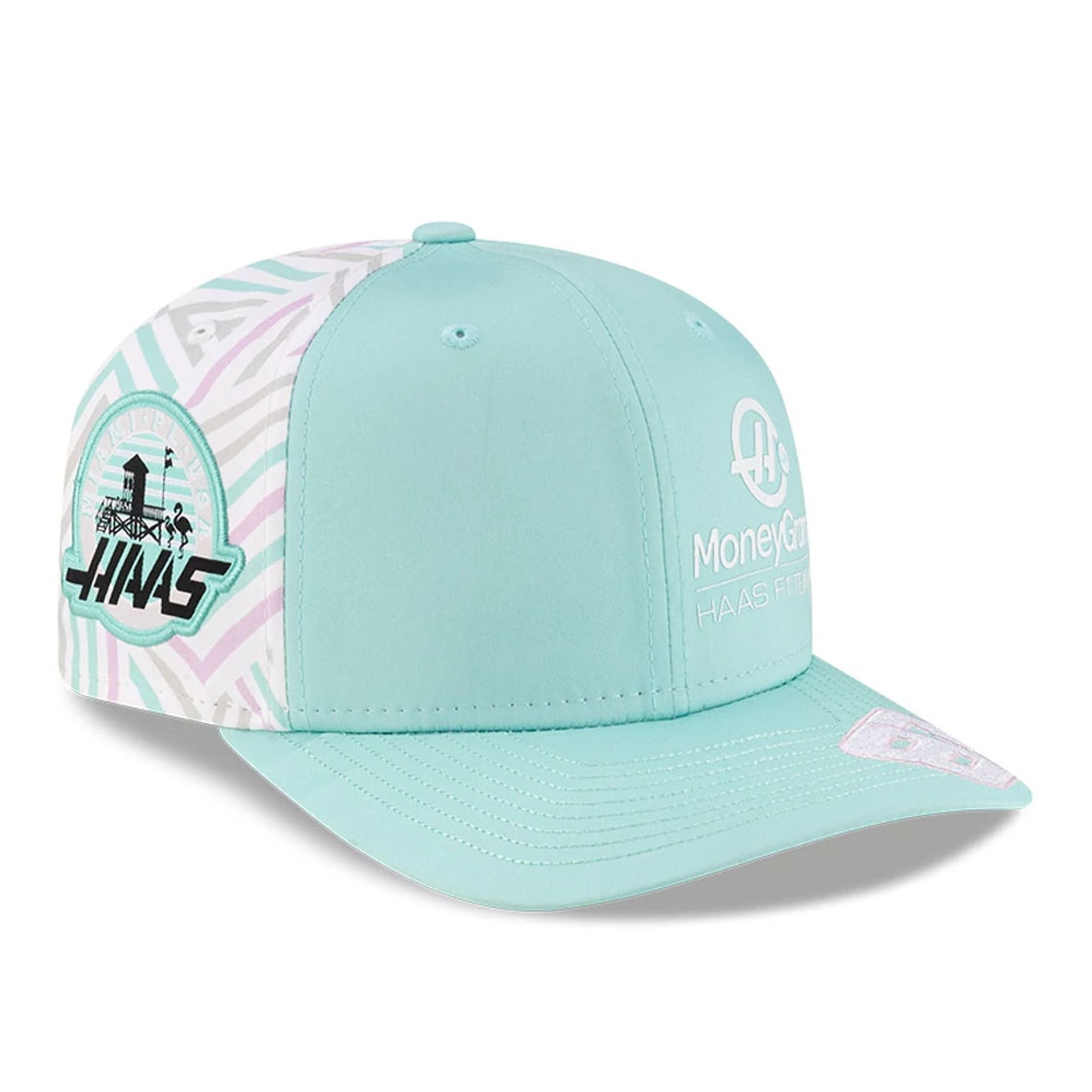 This is a MoneyGram Haas F1 Oliver Bearman Miami Race Special Turquoise 9SEVENTY Stretch Snap Adjustable Cap 1