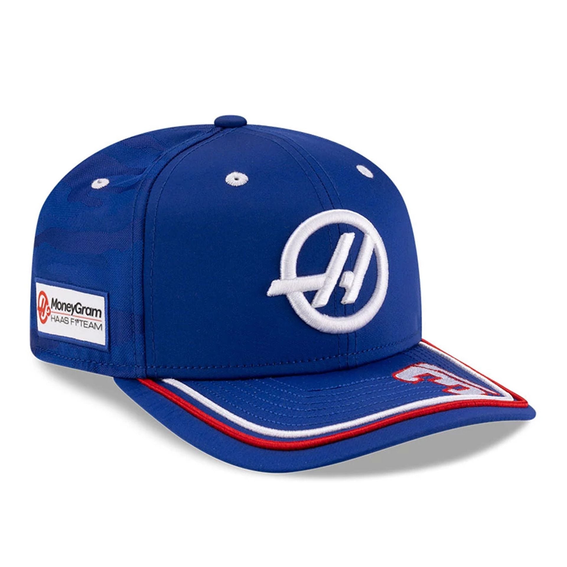 This is a MoneyGram Haas F1 Esteban Ocon Silverstone Race Special Blue 9SEVENTY Stretch Snap Adjustable Cap 1