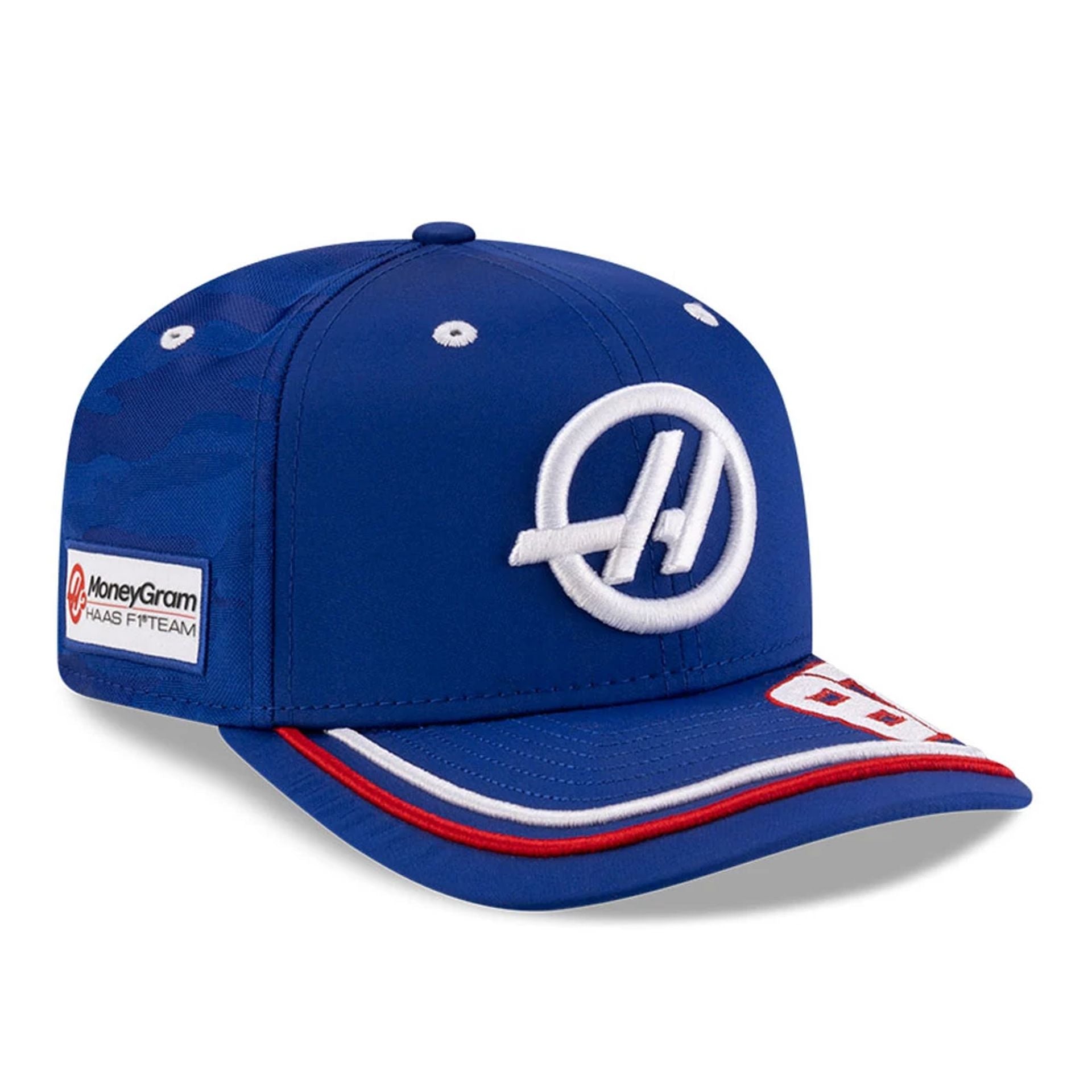 This is a MoneyGram Haas F1 Oliver Bearman Silverstone Race Special Blue 9SEVENTY Stretch Snap Adjustable Cap 1