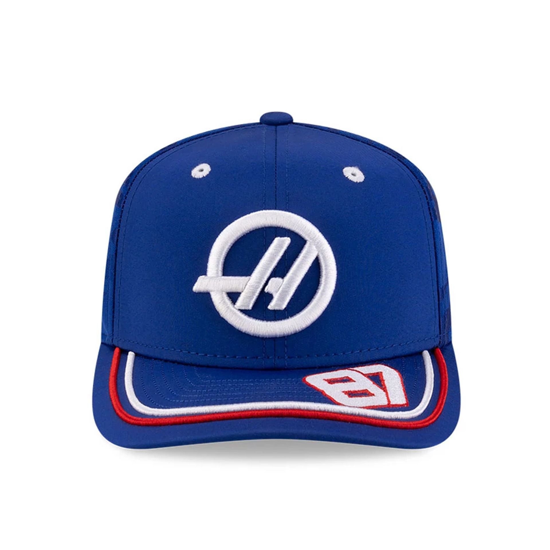 This is a MoneyGram Haas F1 Oliver Bearman Silverstone Race Special Blue 9SEVENTY Stretch Snap Adjustable Cap 2