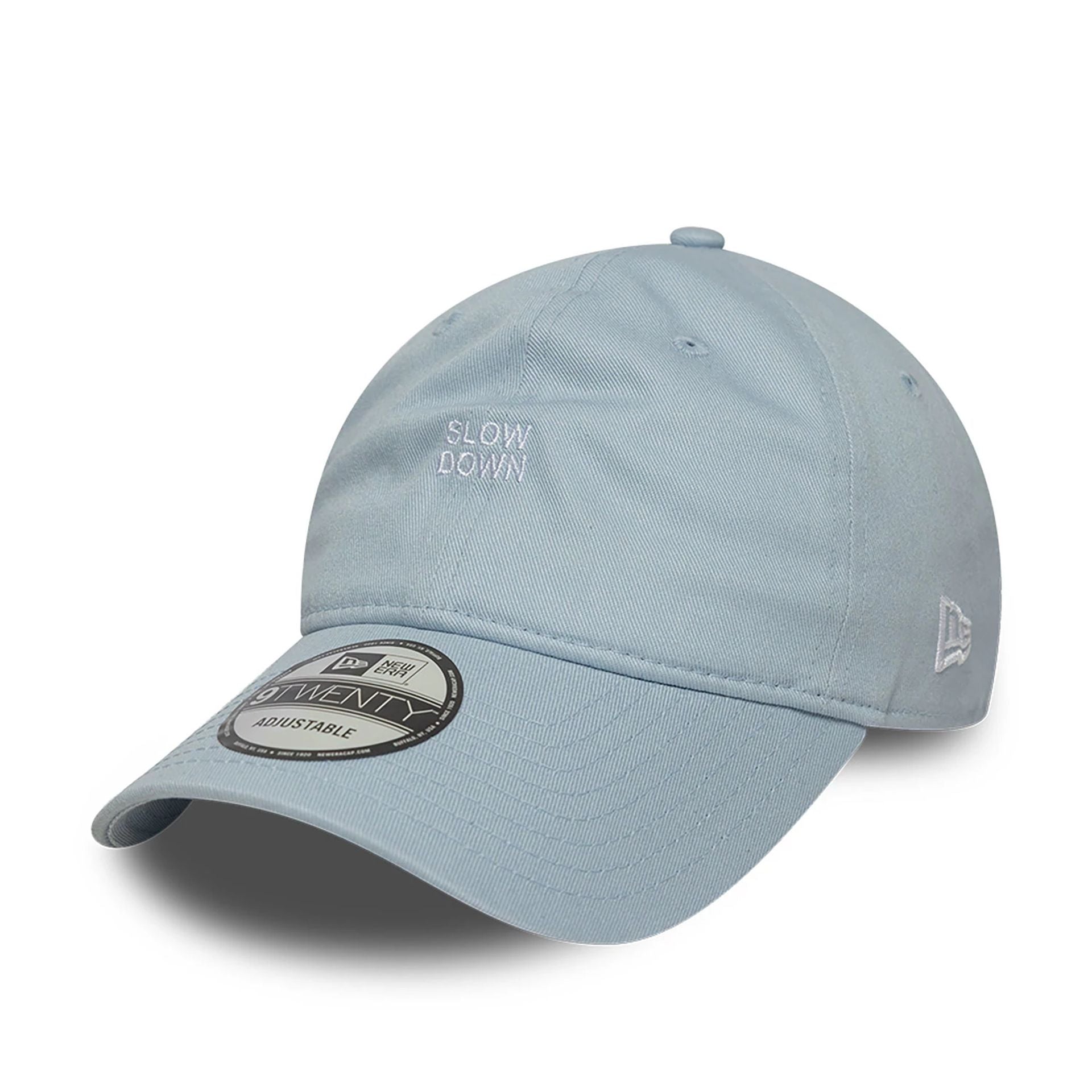 This is a New Era Slow Down Slogan Pastel Blue 9TWENTY Adjustable Cap 1