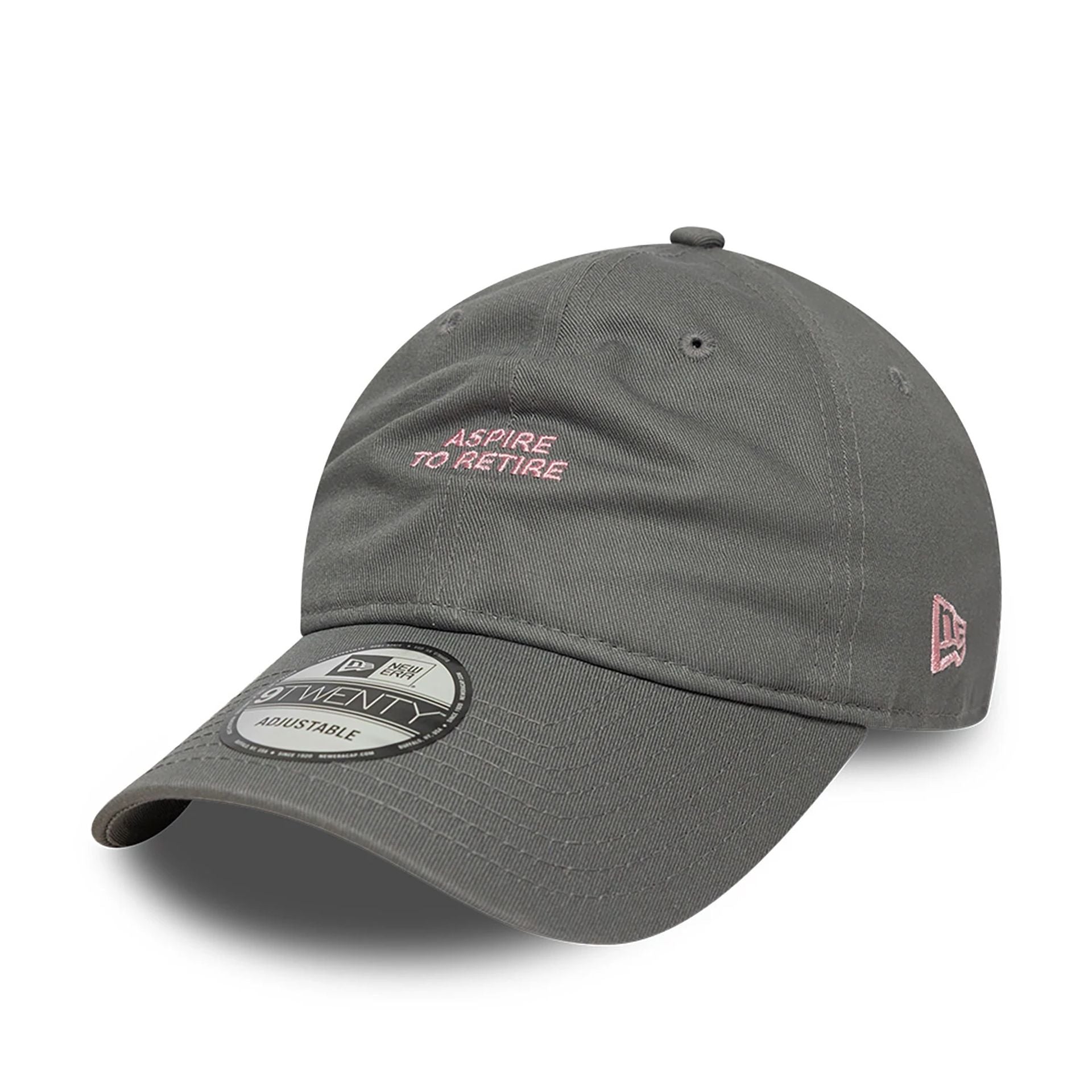 This is a New Era Aspire To Retire Slogan Grey 9TWENTY Adjustable Cap 1