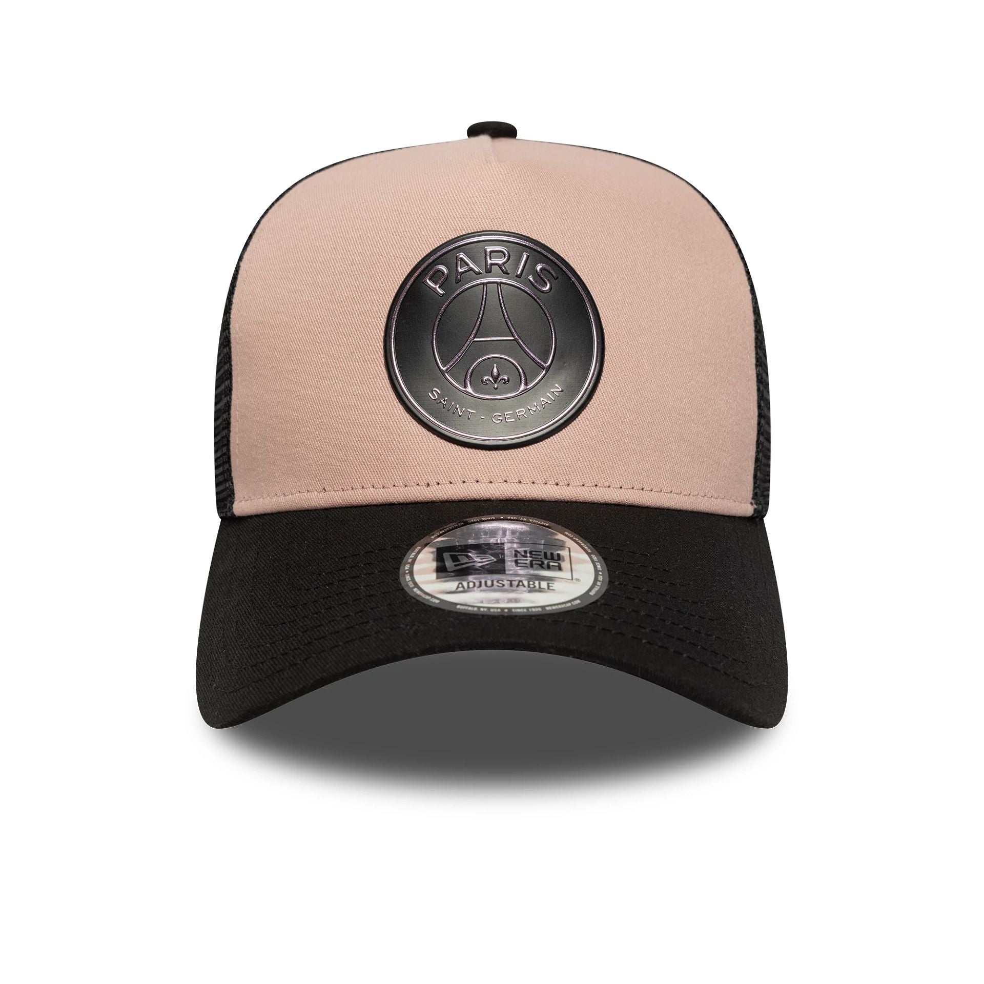 This is a Paris Saint-Germain Contrast Black 9FORTY E-Frame Trucker Adjustable Cap 2